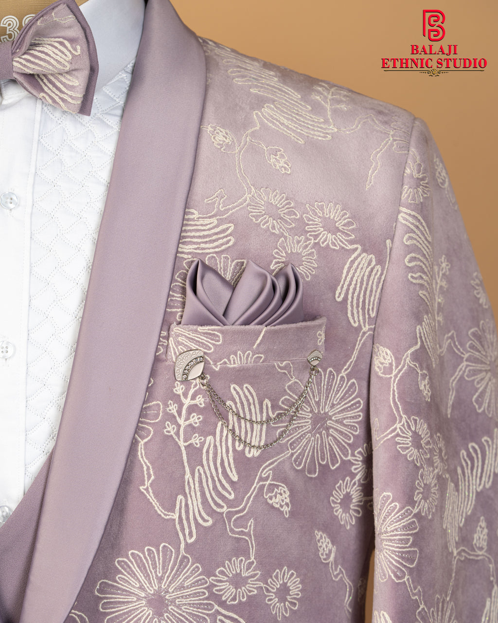 Light Lavender Velvet Emboss Print 3-Piece Designer Tuxedo Suit
