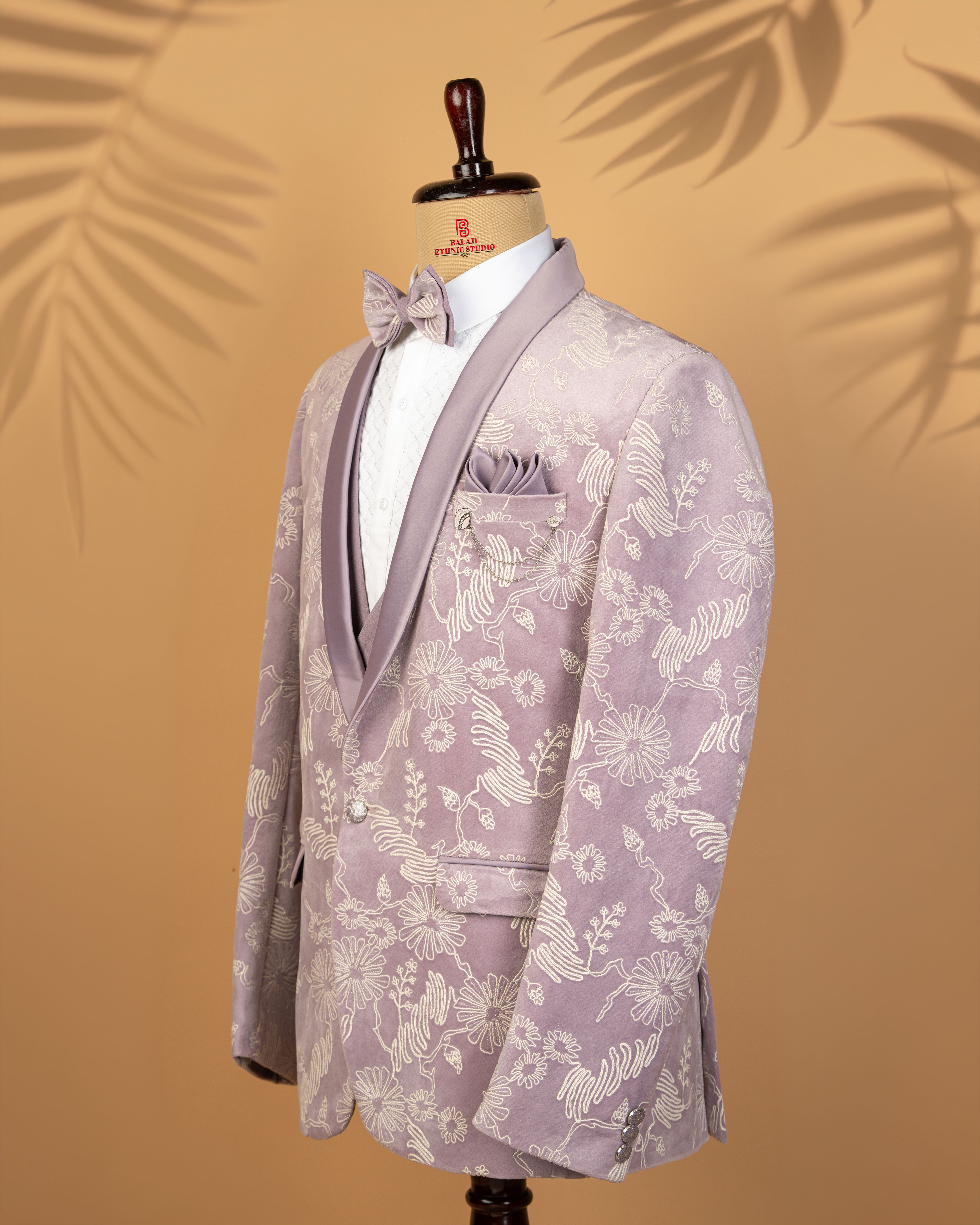 Light Lavender Velvet Emboss Print 3-Piece Designer Tuxedo Suit