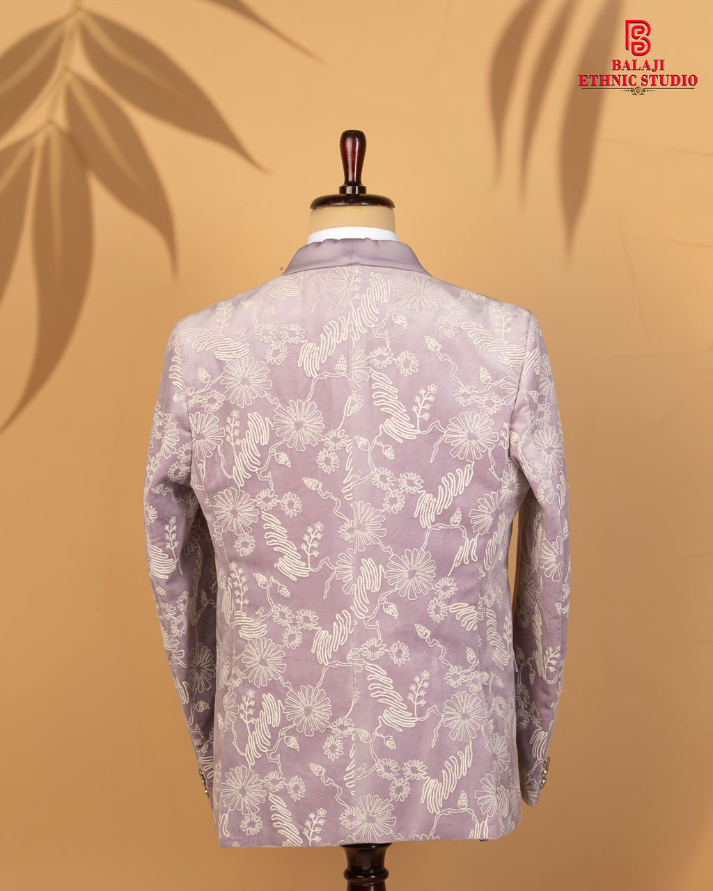 Light Lavender Velvet Emboss Print 3-Piece Designer Tuxedo Suit
