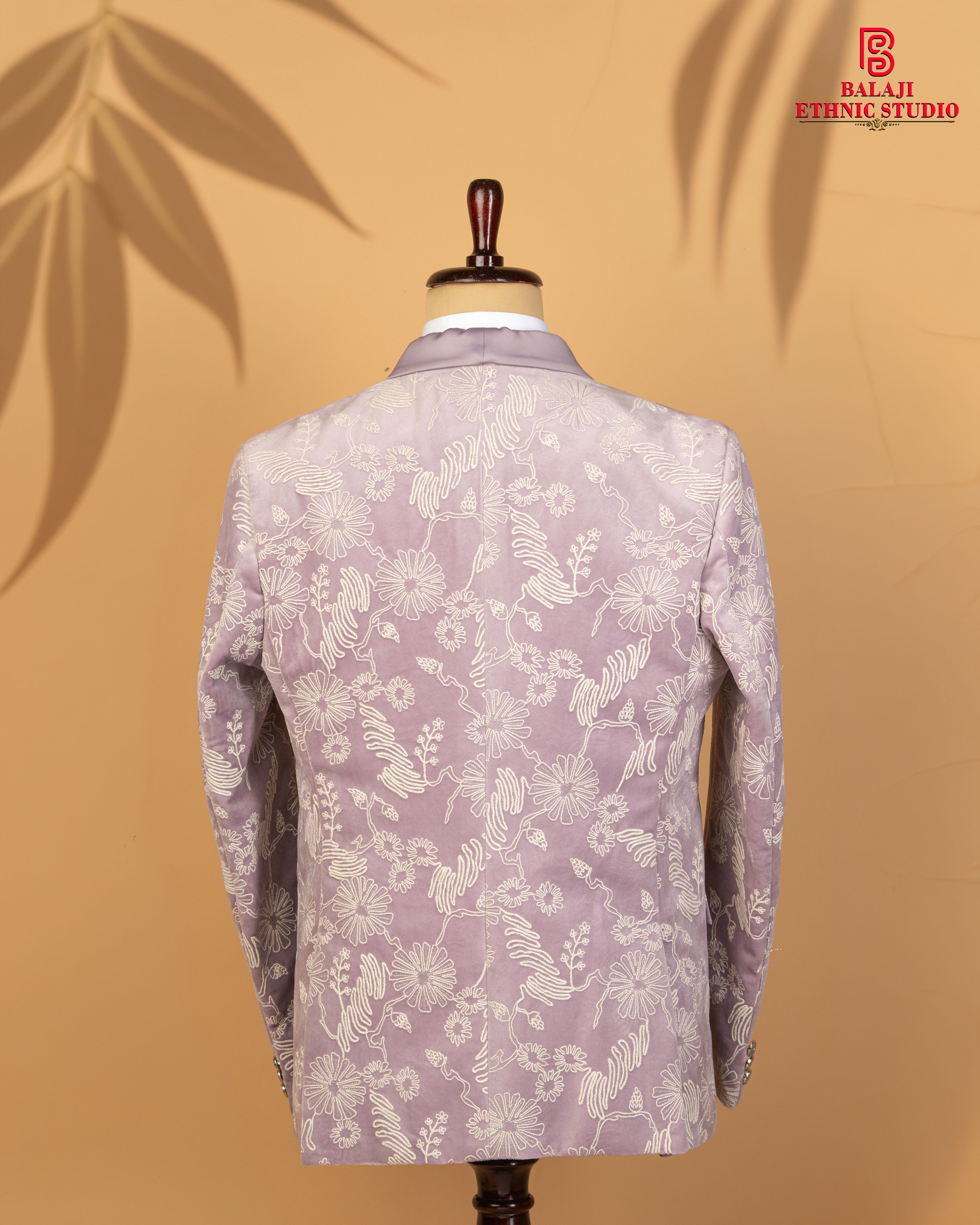 Light Lavender Velvet Emboss Print 3-Piece Designer Tuxedo Suit