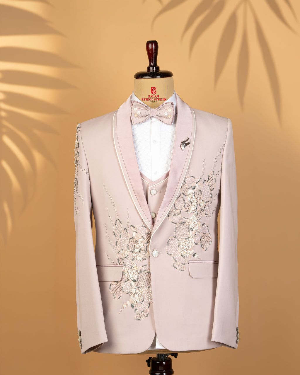 Light Peach Pink Designer 3-Piece Tuxedo Suit with Floral Embellishment