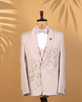 Light Peach Pink Designer 3-Piece Tuxedo Suit with Floral Embellishment