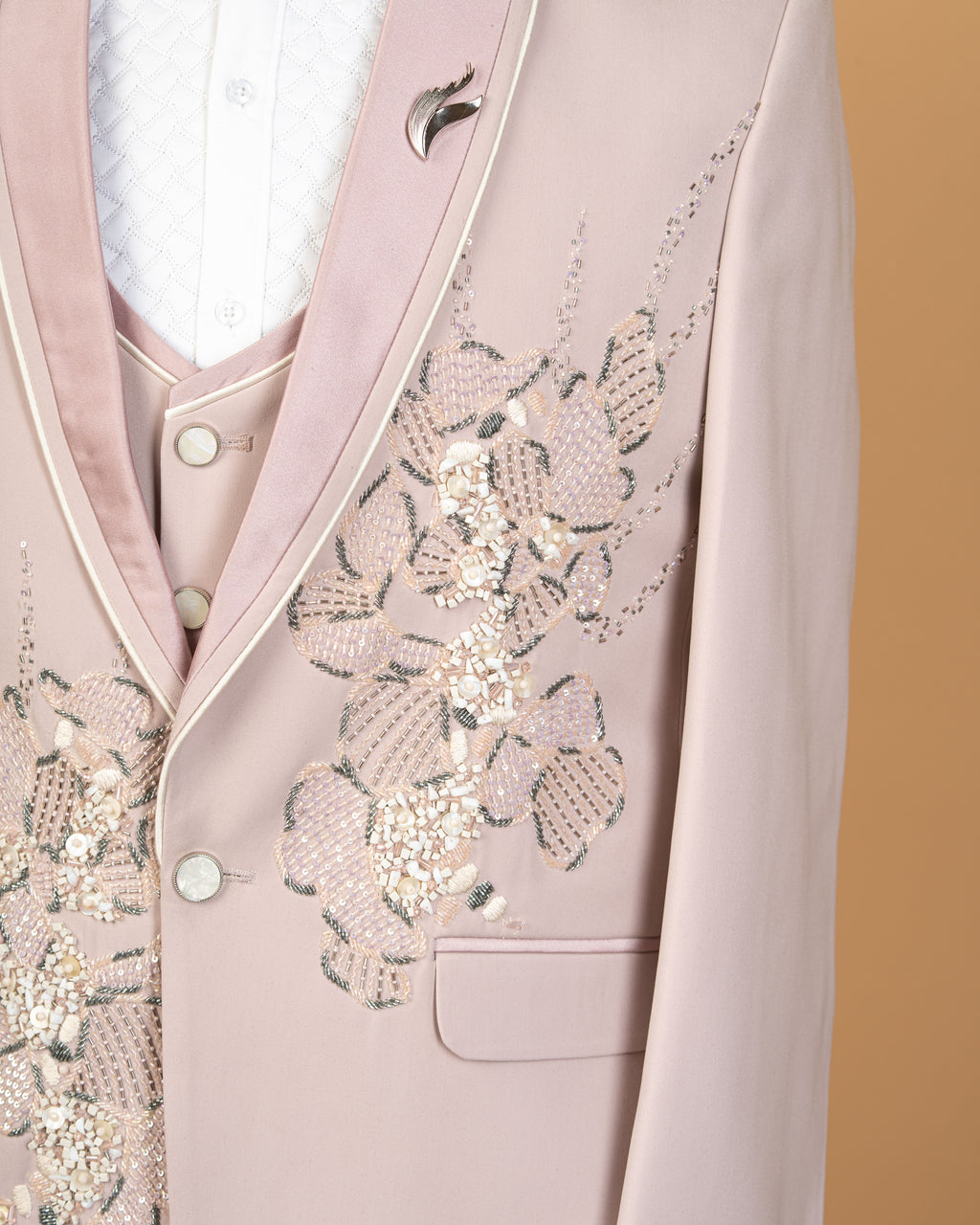 Light Peach Pink Designer 3-Piece Tuxedo Suit with Floral Embellishment