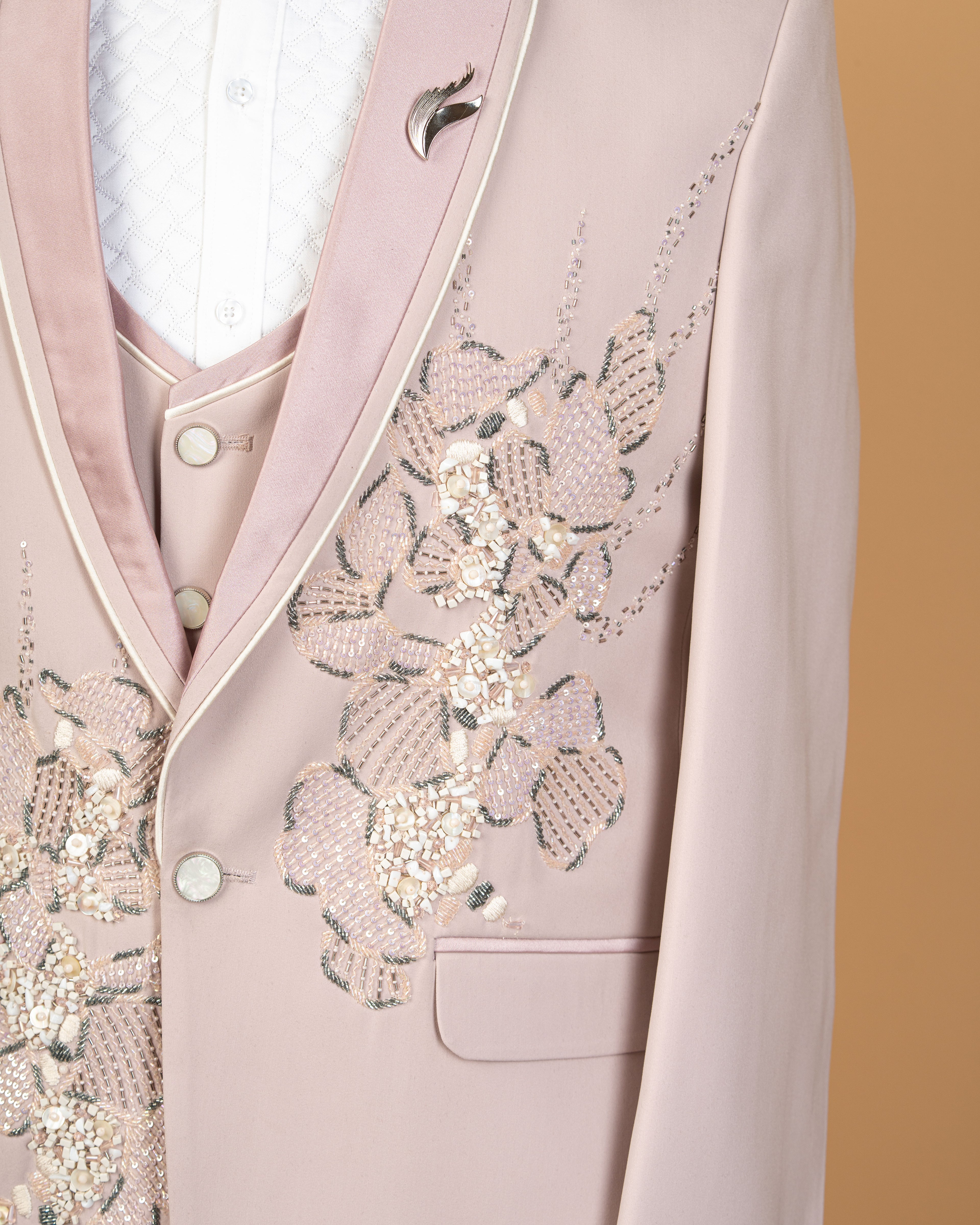 Light Peach Pink Designer 3-Piece Tuxedo Suit with Floral Embellishment