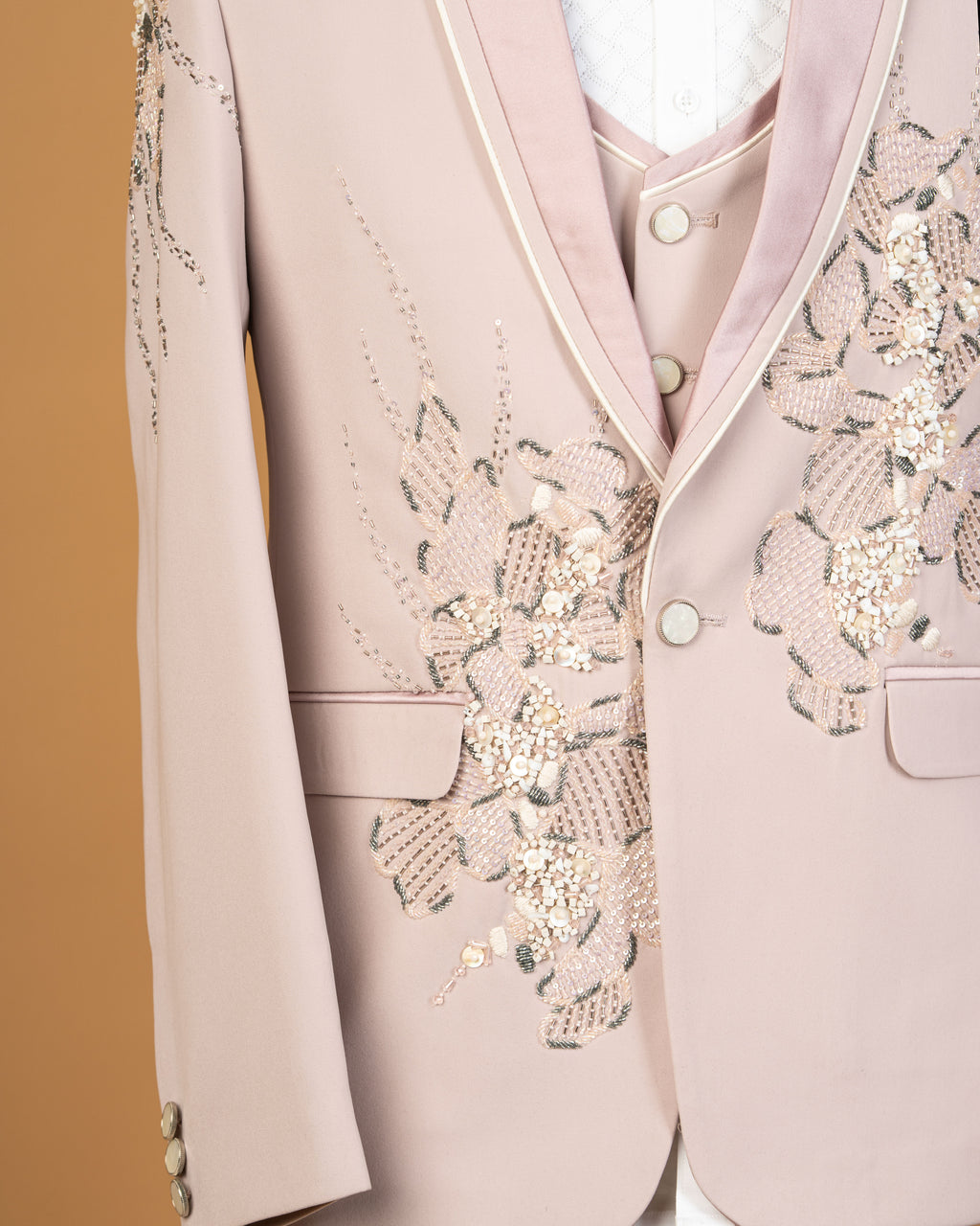 Light Peach Pink Designer 3-Piece Tuxedo Suit with Floral Embellishment