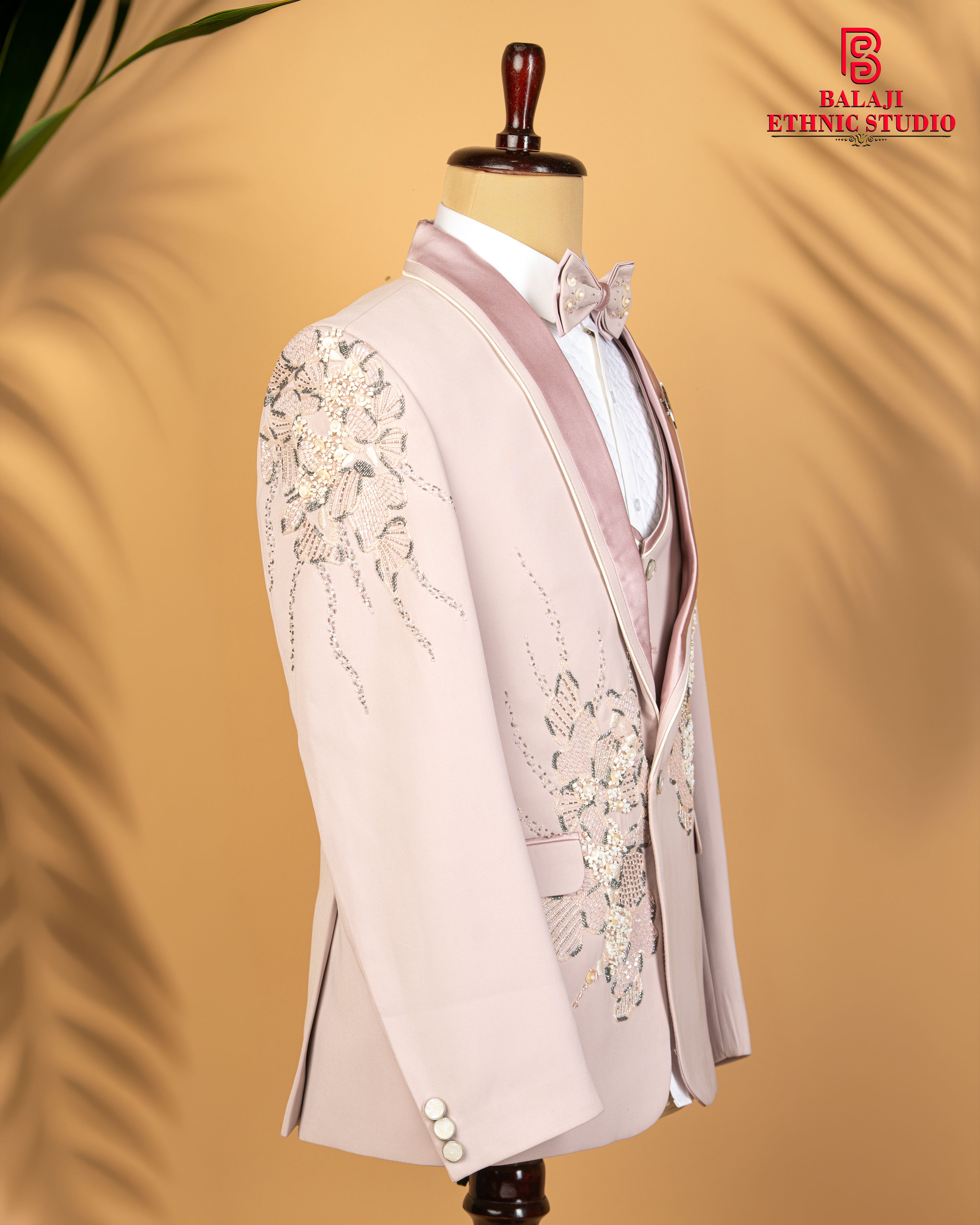 Light Peach Pink Designer 3-Piece Tuxedo Suit with Floral Embellishment