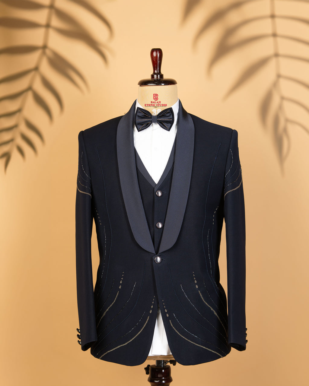 Midnight Blue Armani Fabric 3-Piece Tuxedo with Silver Line Work