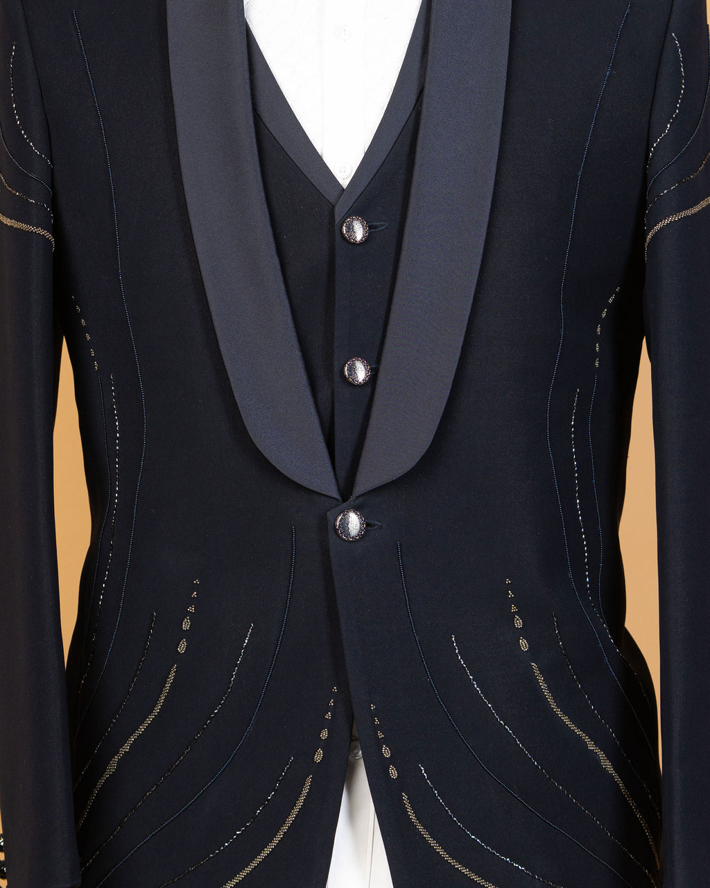 Midnight Blue Armani Fabric 3-Piece Tuxedo with Silver Line Work