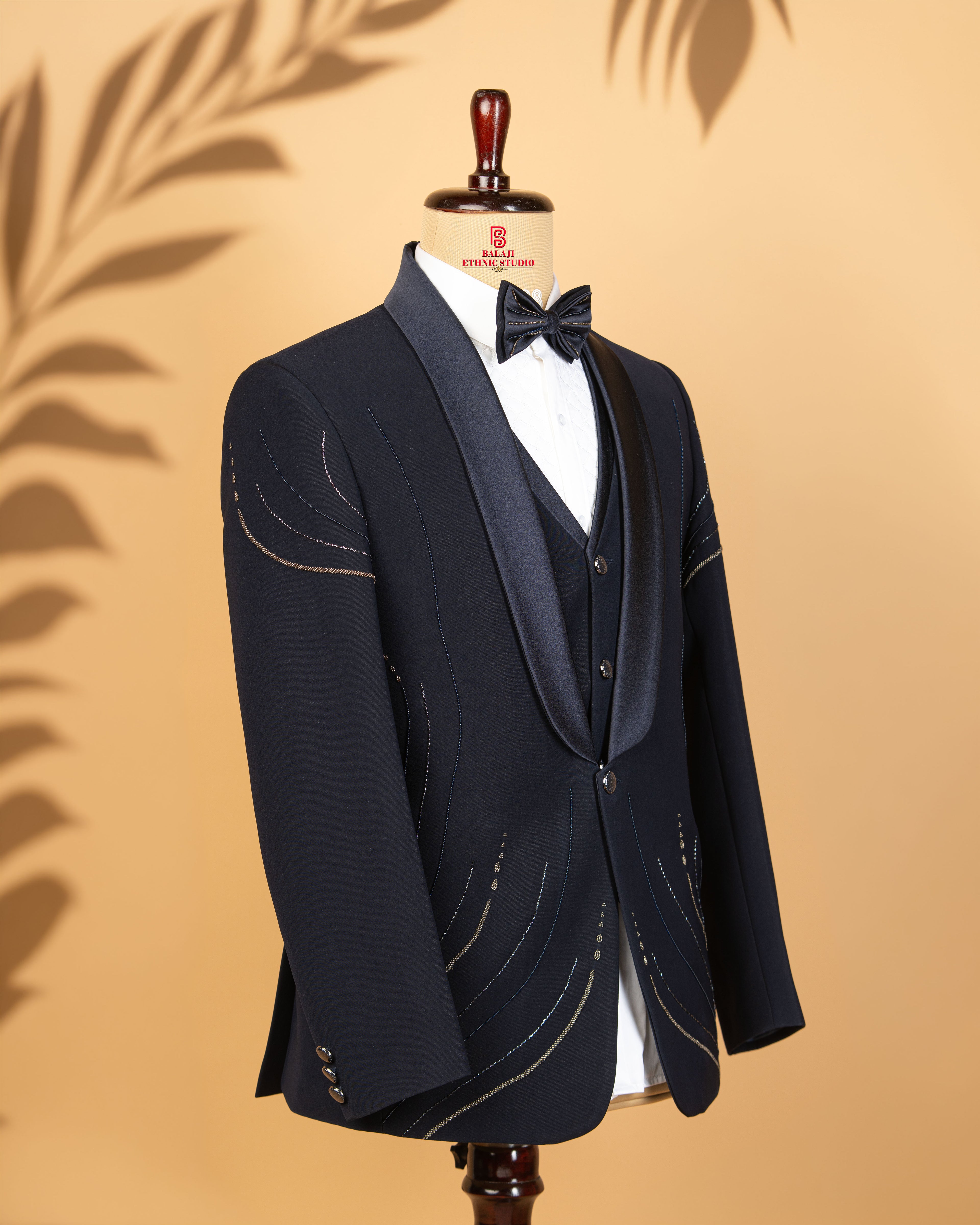 Midnight Blue Armani Fabric 3-Piece Tuxedo with Silver Line Work