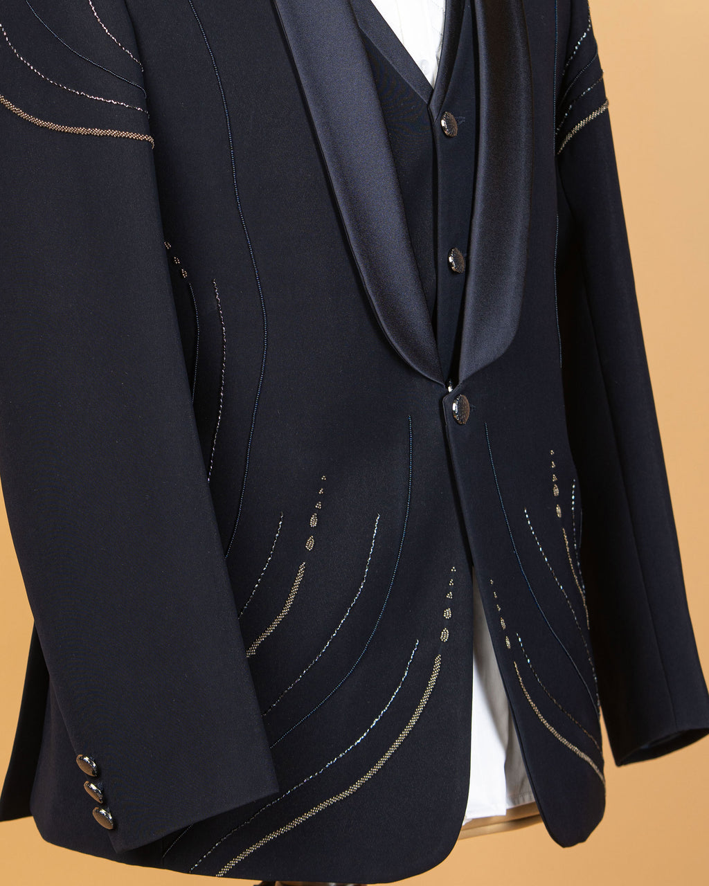Midnight Blue Armani Fabric 3-Piece Tuxedo with Silver Line Work