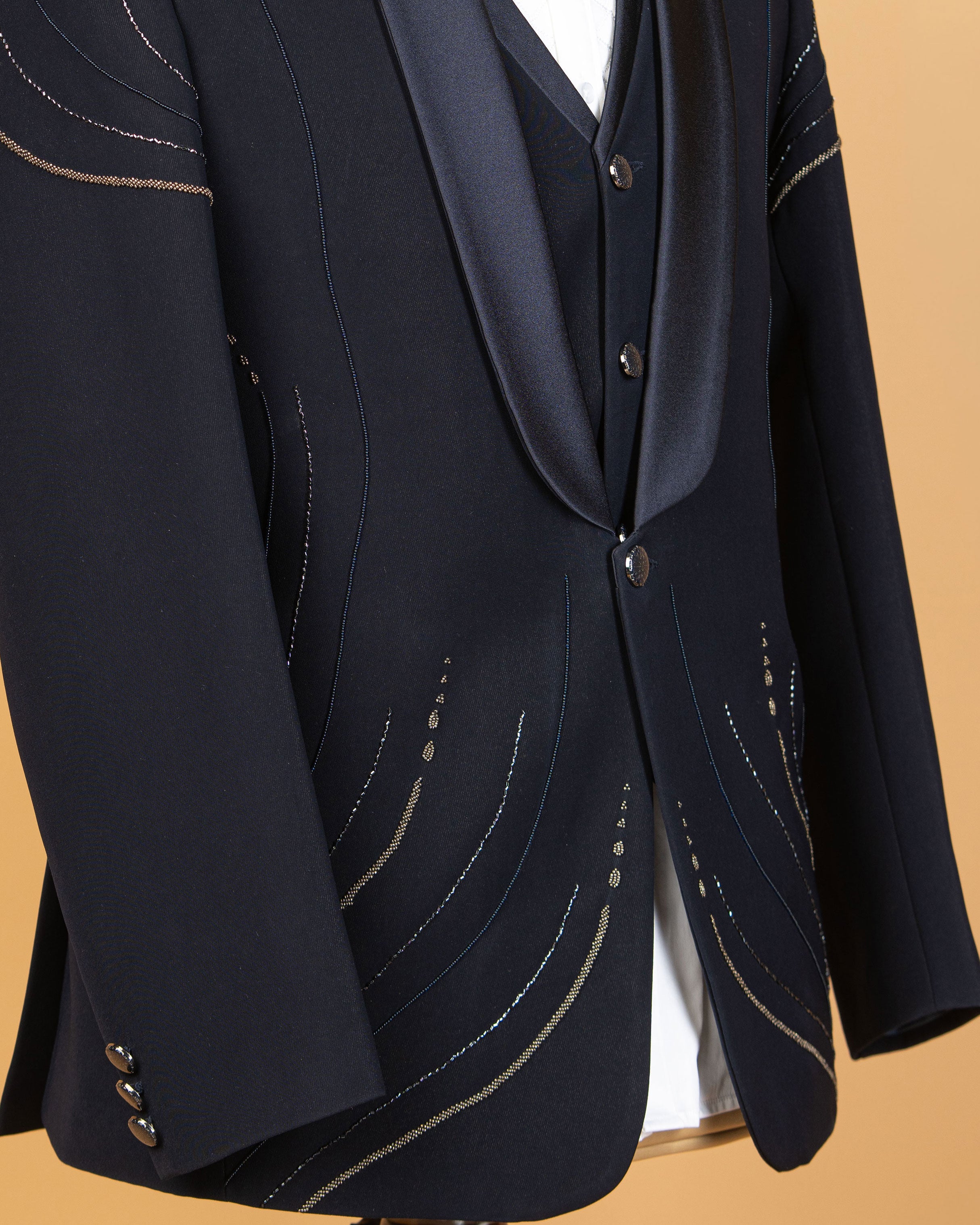 Midnight Blue Armani Fabric 3-Piece Tuxedo with Silver Line Work