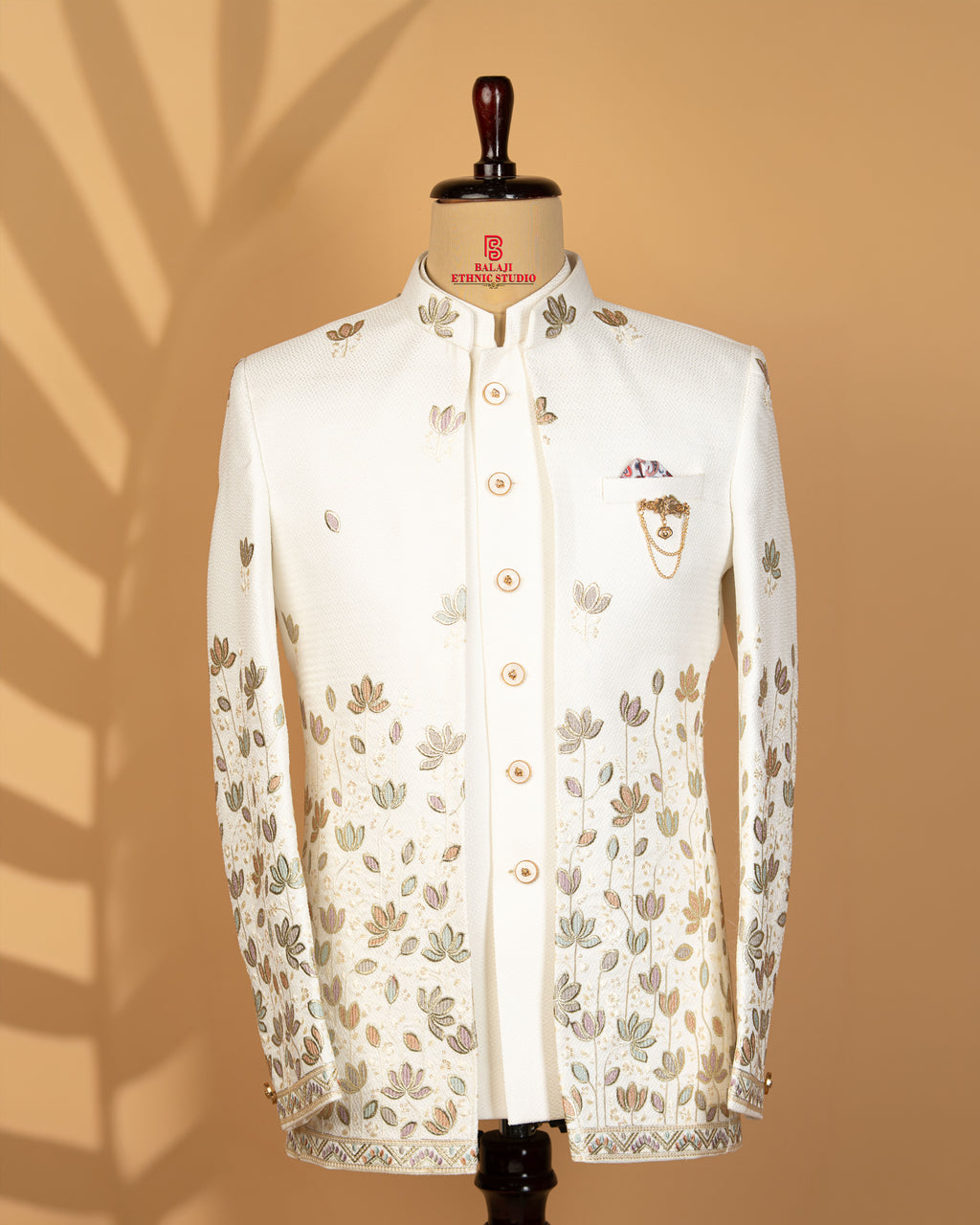 Milky White Structured Fabric Open Jodhpuri with Floral Embroidery