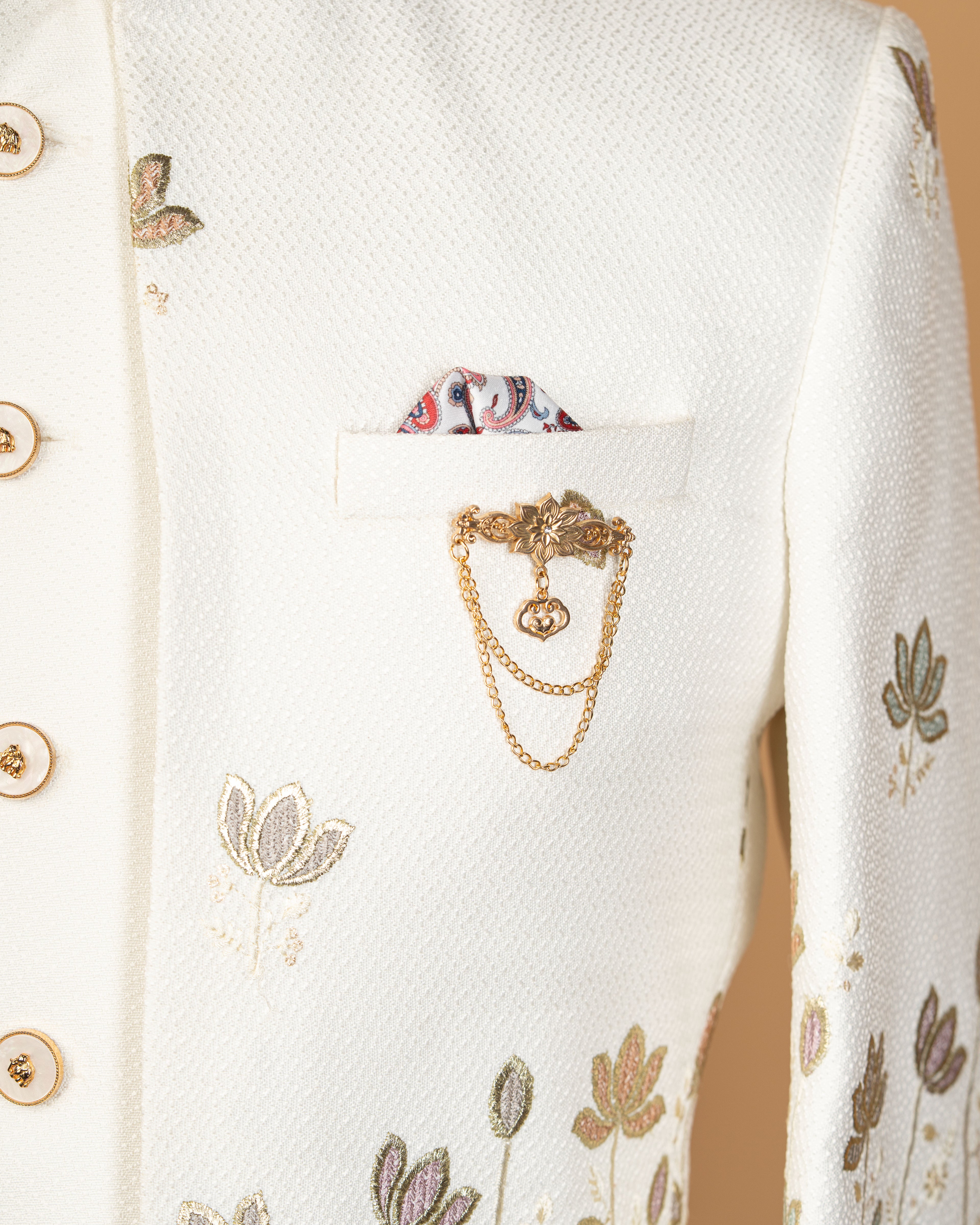 Milky White Structured Fabric Open Jodhpuri with Floral Embroidery