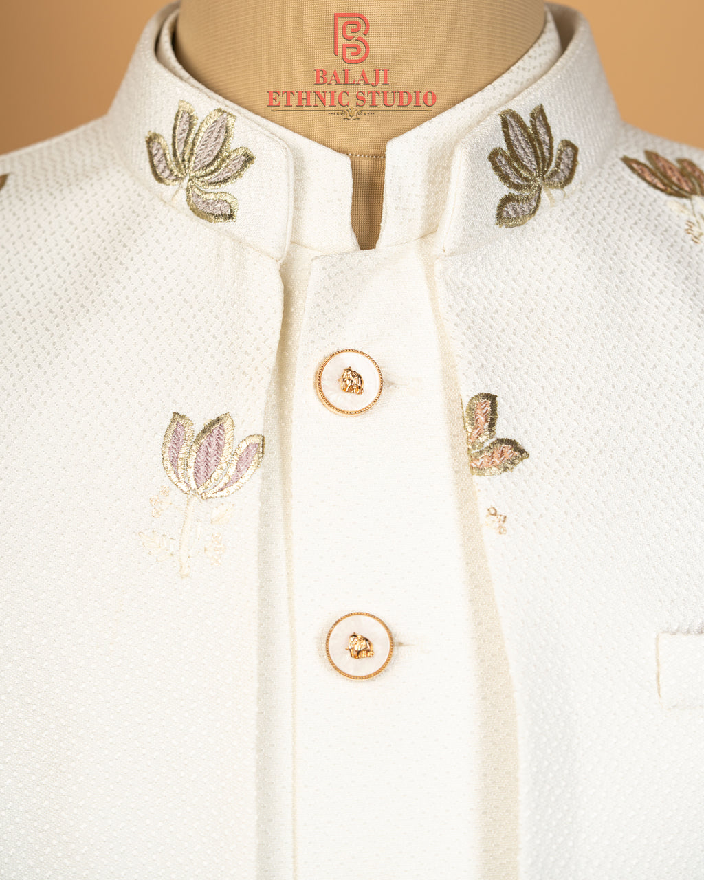 Milky White Structured Fabric Open Jodhpuri with Floral Embroidery