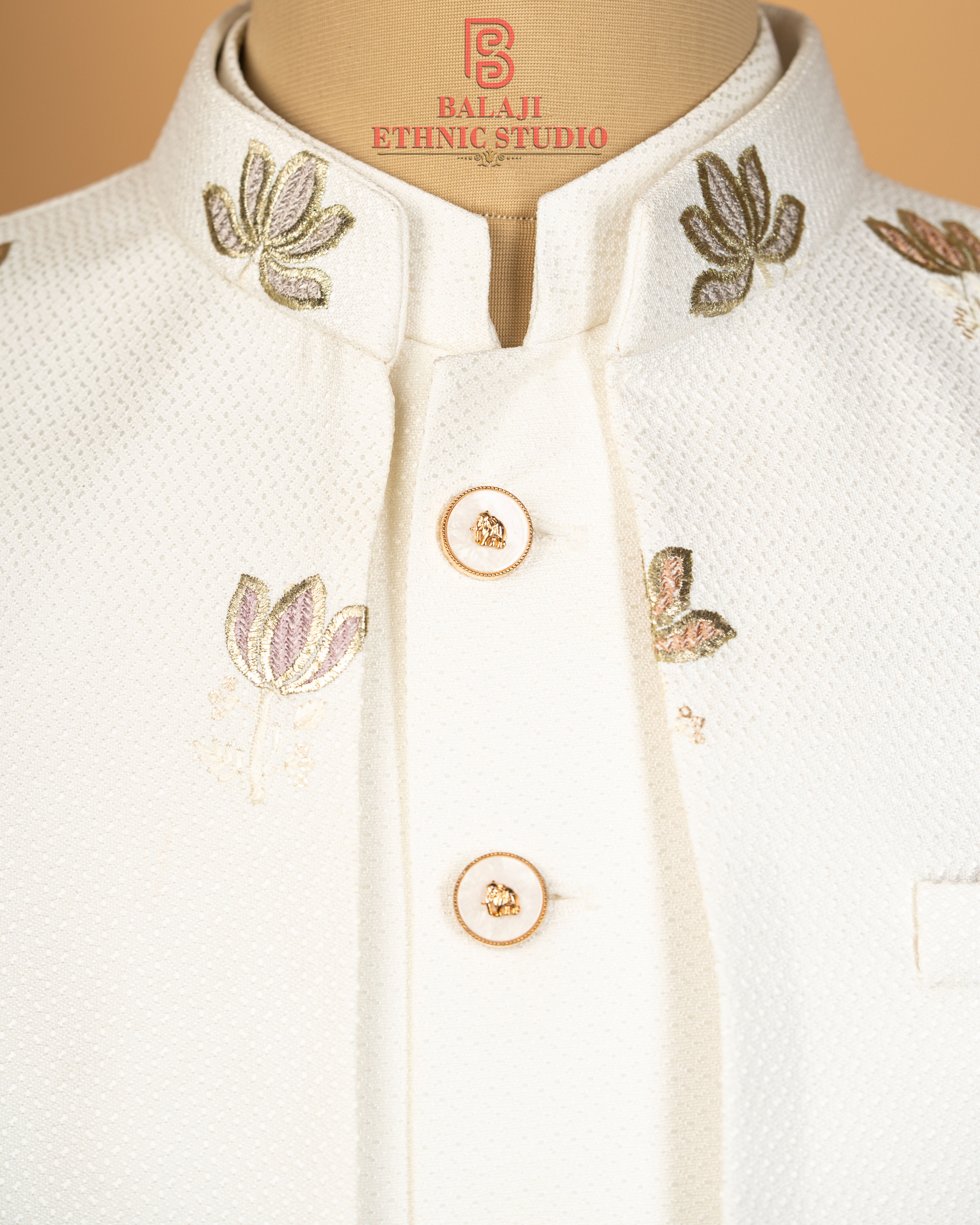 Milky White Structured Fabric Open Jodhpuri with Floral Embroidery