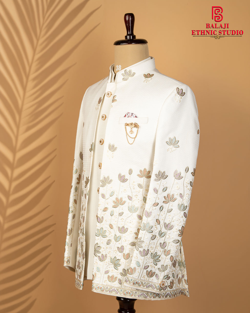 Milky White Structured Fabric Open Jodhpuri with Floral Embroidery