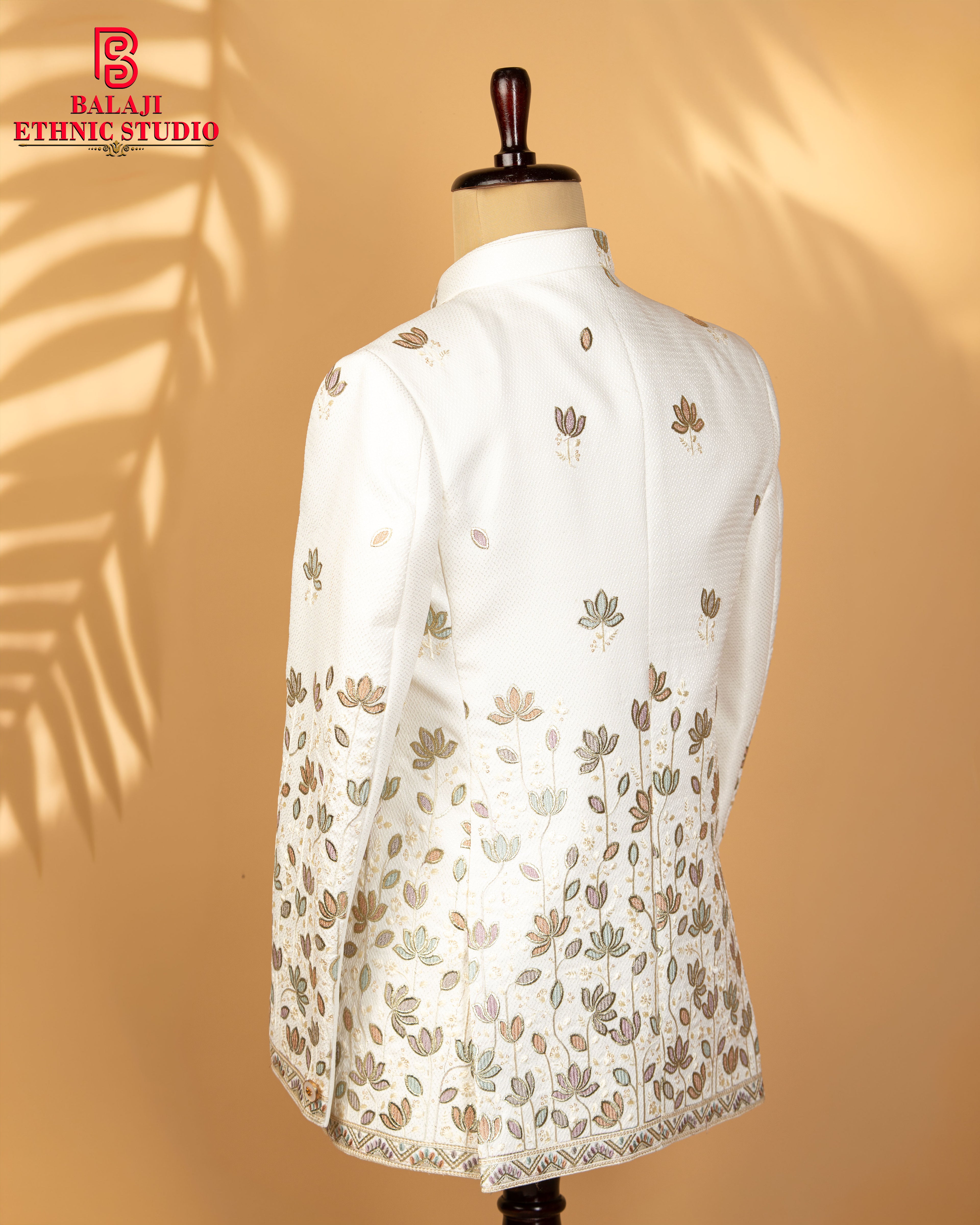 Milky White Structured Fabric Open Jodhpuri with Floral Embroidery