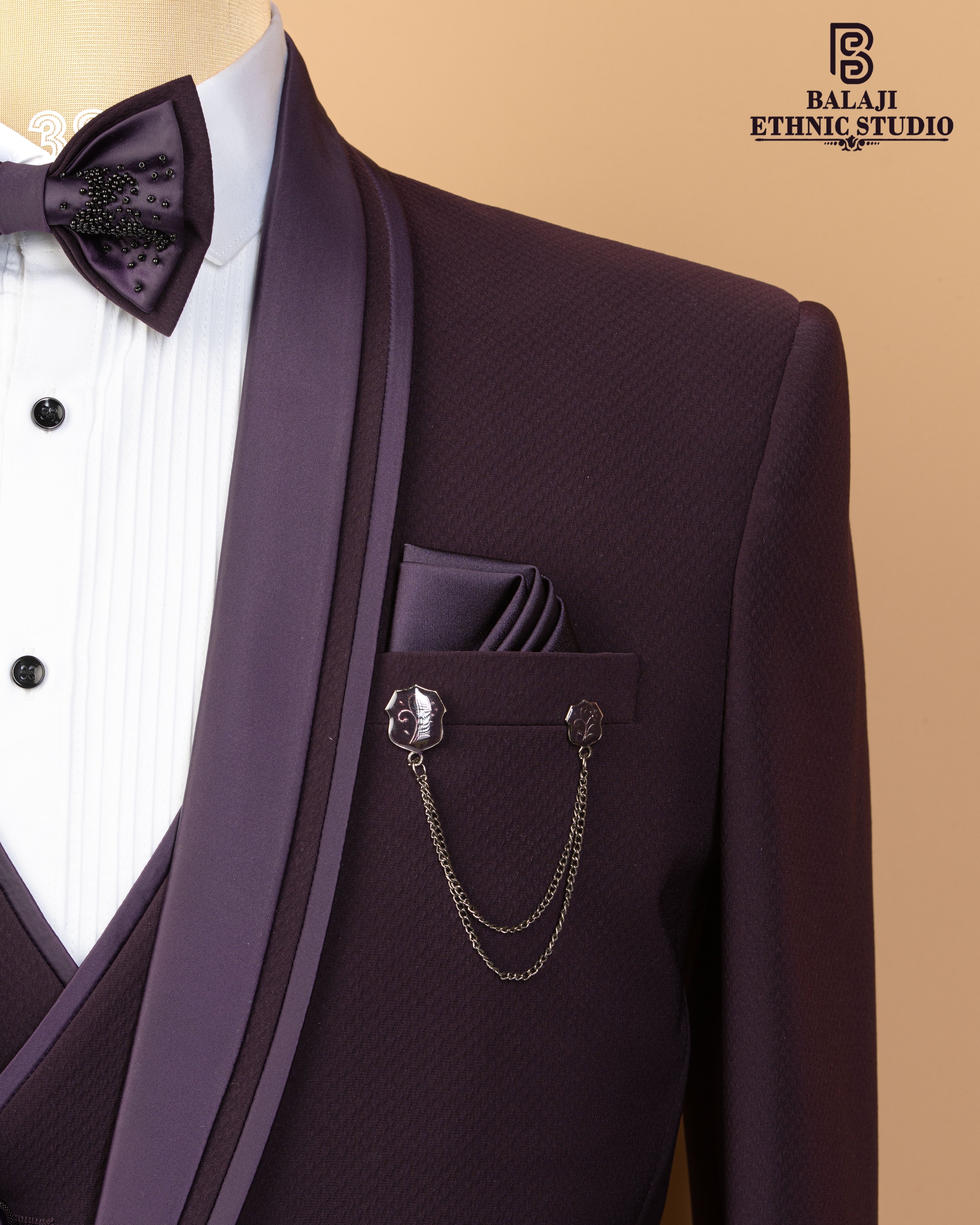 Designer Purple 3-Piece Tuxedo Suit with Bead Work – Japanese Fabric Premium Blazer Set for Men