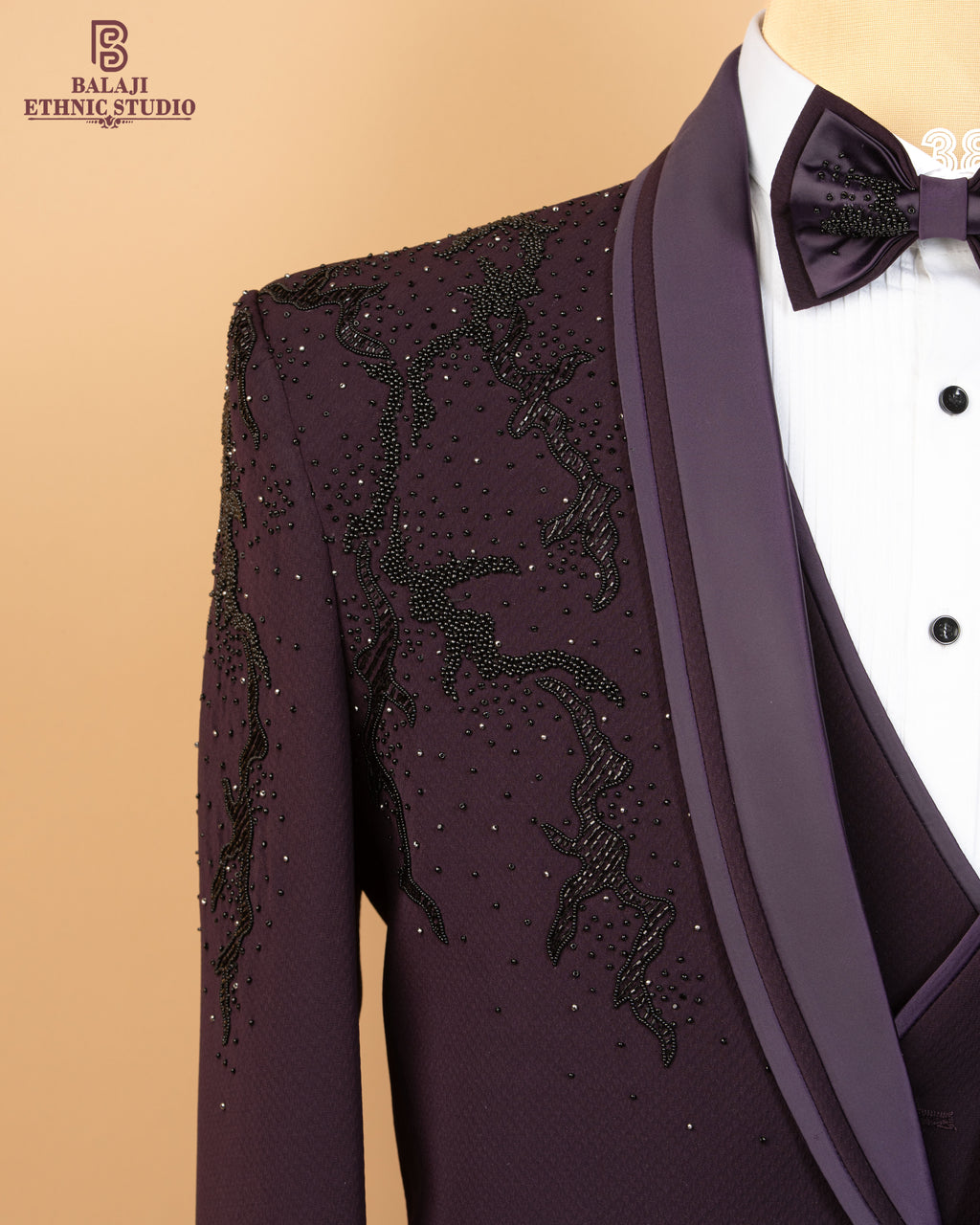 Designer Purple 3-Piece Tuxedo Suit with Bead Work – Japanese Fabric Premium Blazer Set for Men