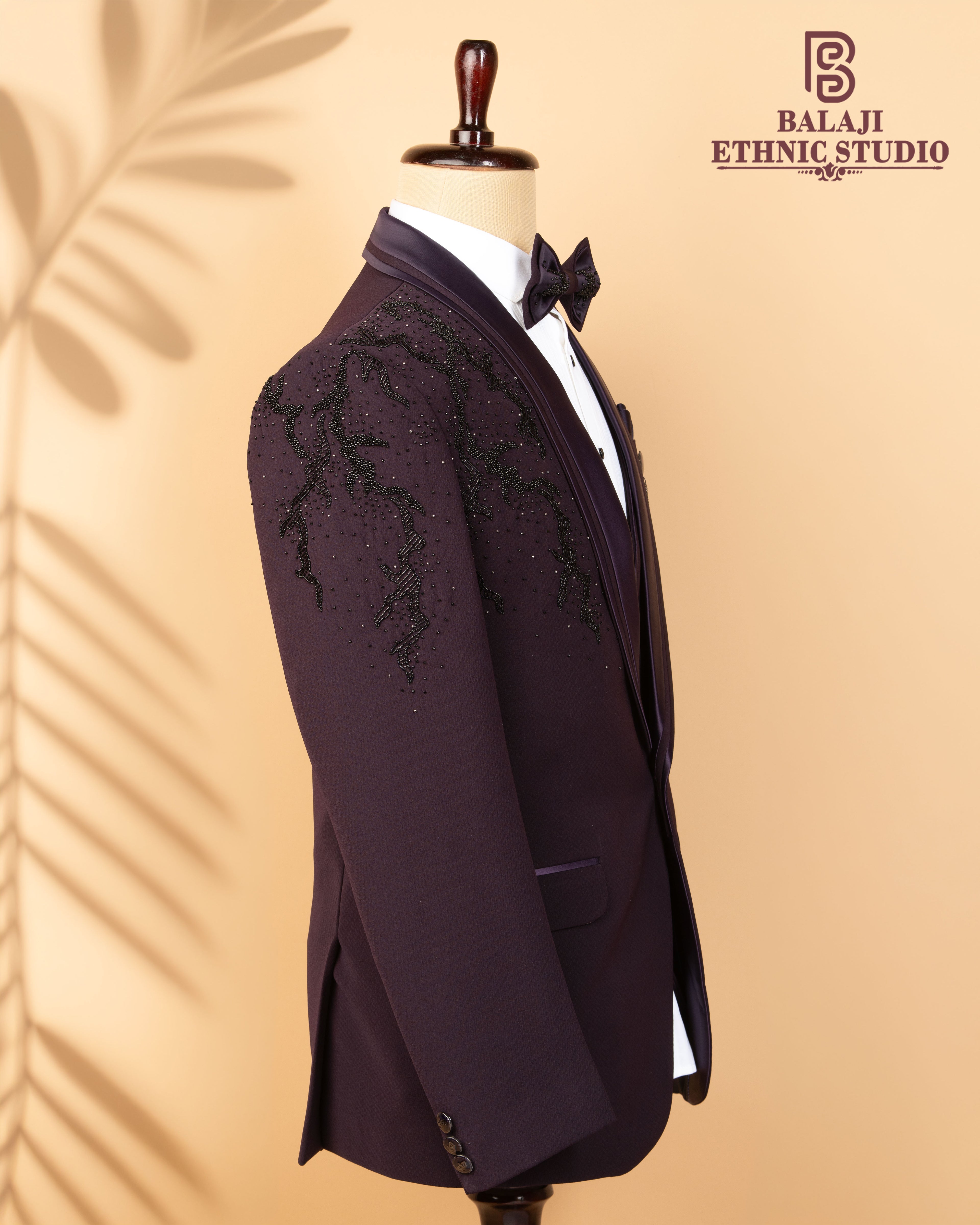 Designer Purple 3-Piece Tuxedo Suit with Bead Work – Japanese Fabric Premium Blazer Set for Men