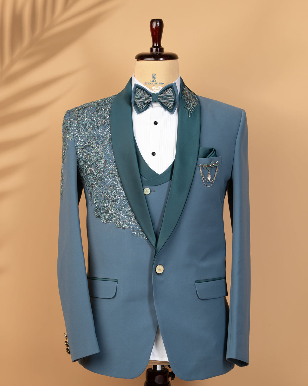 Nile Blue Couture Tuxedo Set with Handcrafted Kardana & Bead Embroidery