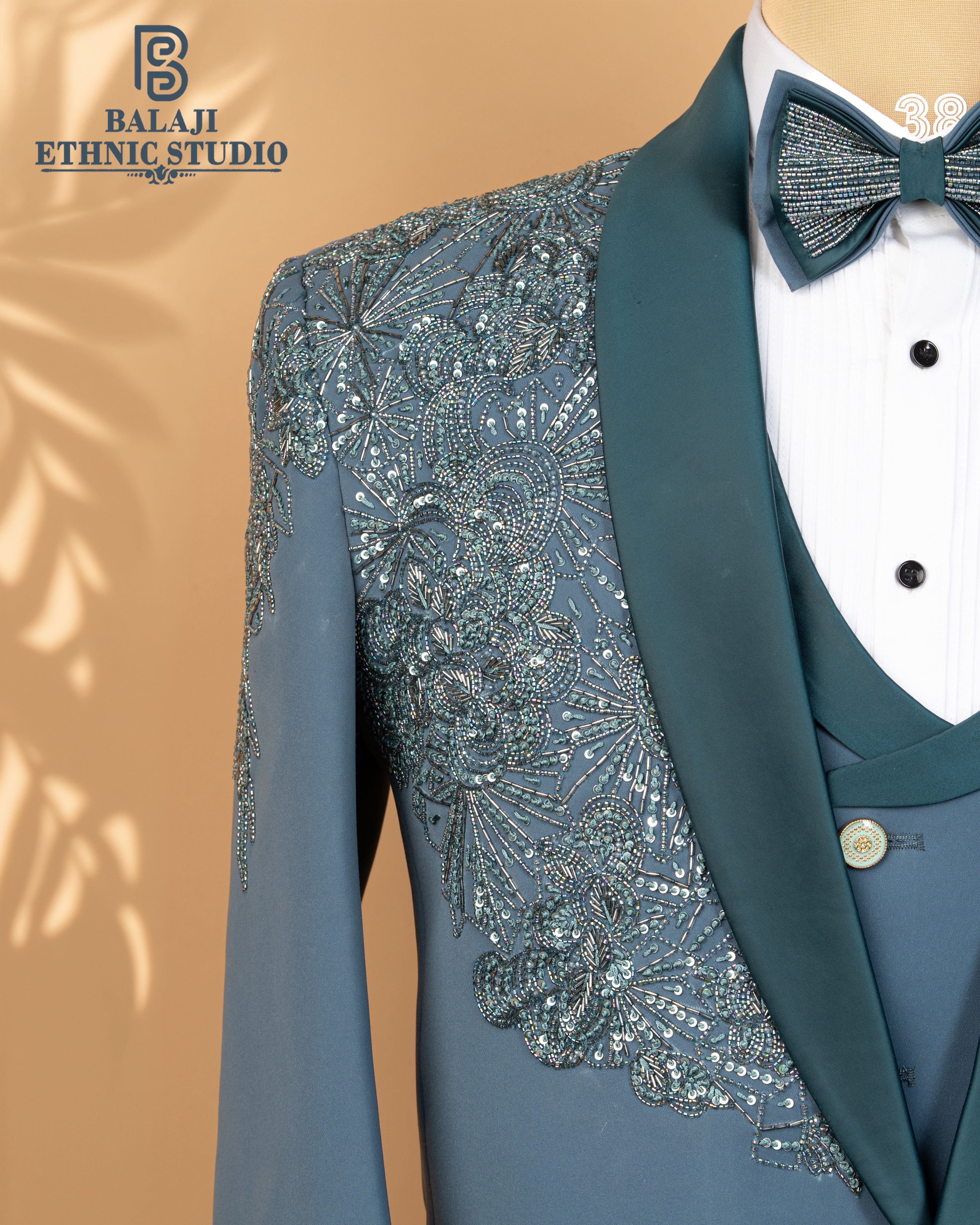Nile Blue Couture Tuxedo Set with Handcrafted Kardana & Bead Embroidery