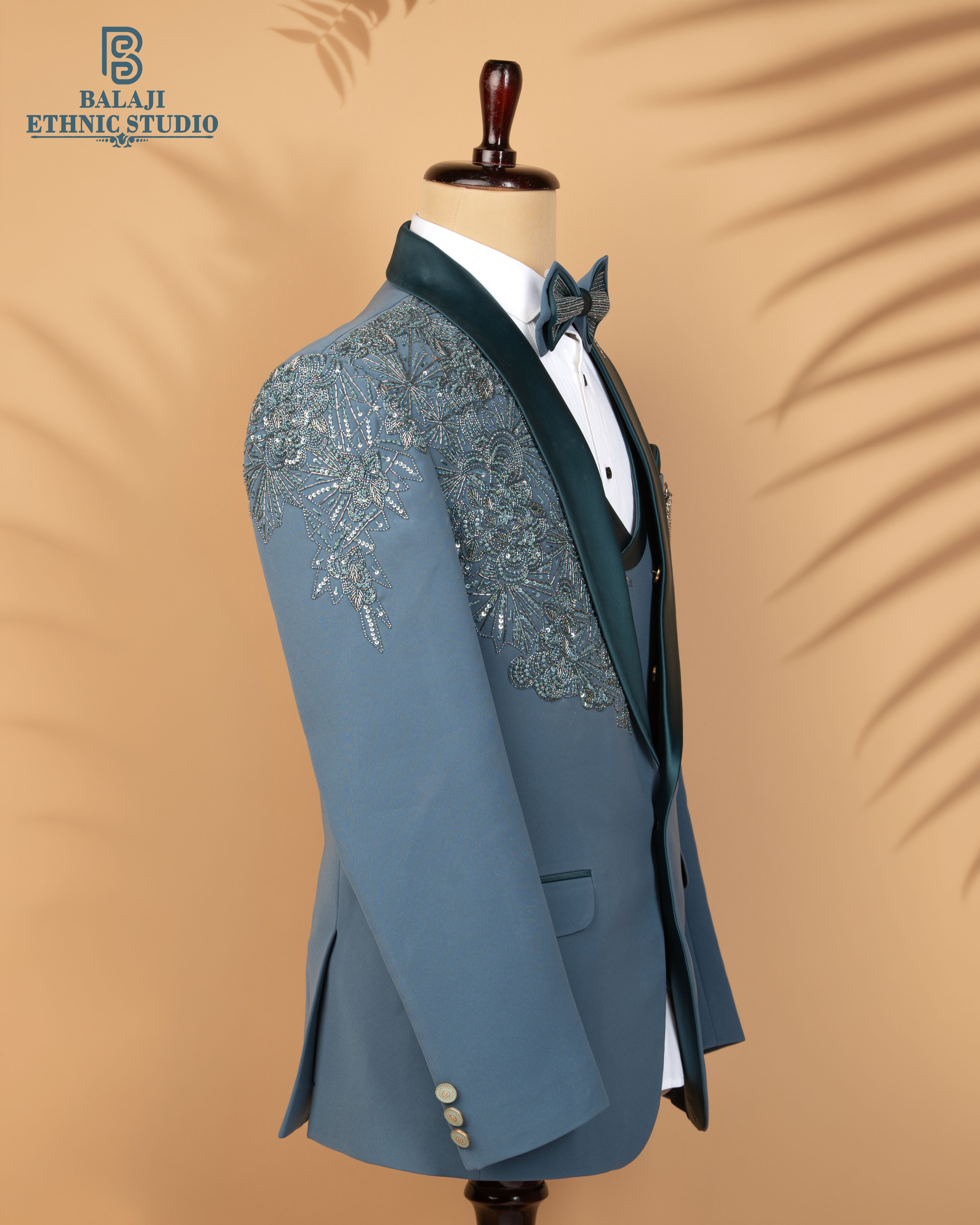 Nile Blue Couture Tuxedo Set with Handcrafted Kardana & Bead Embroidery