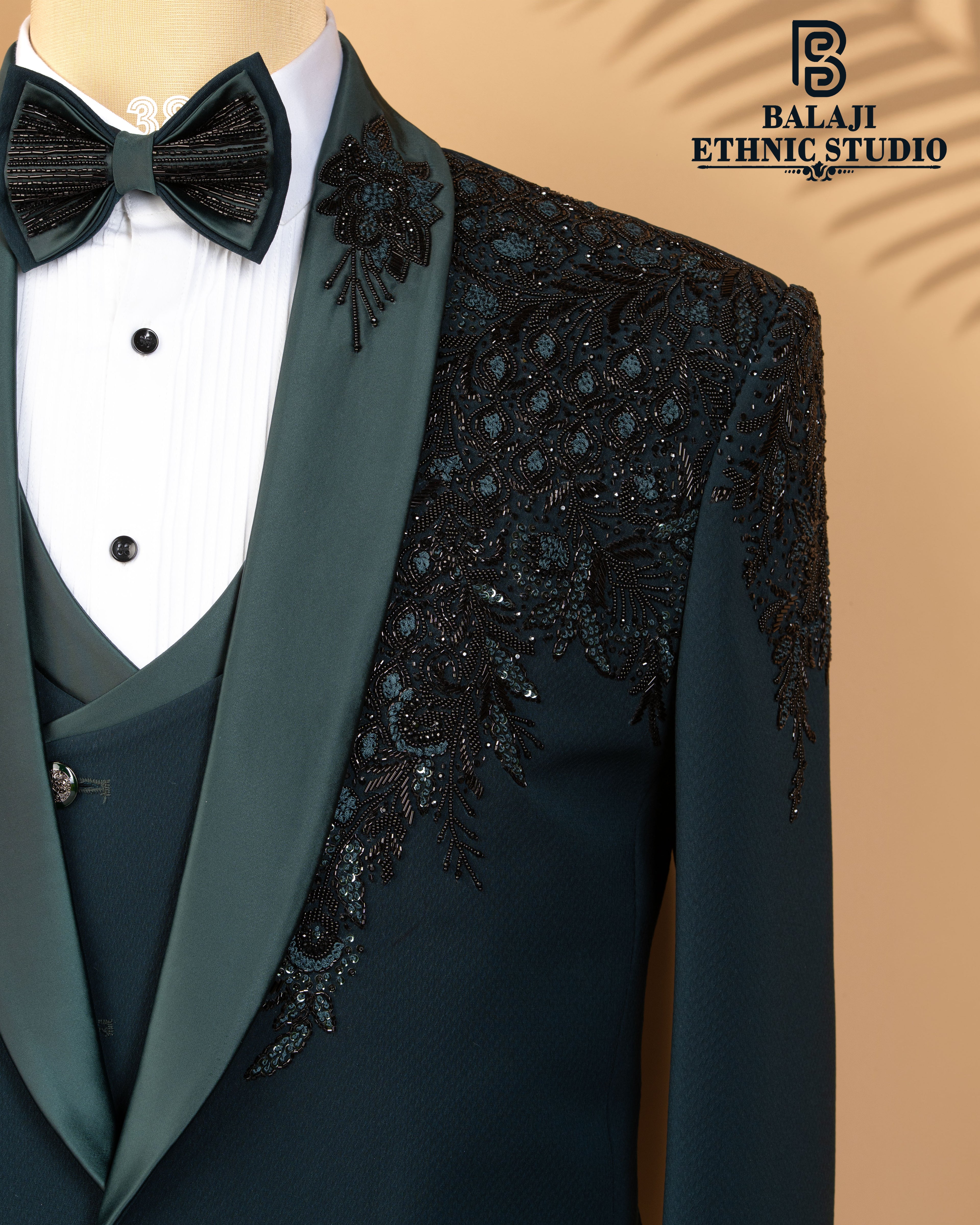 Teal Green Couture 3-Piece Suit with Handcrafted Kardana & Embroidery Work