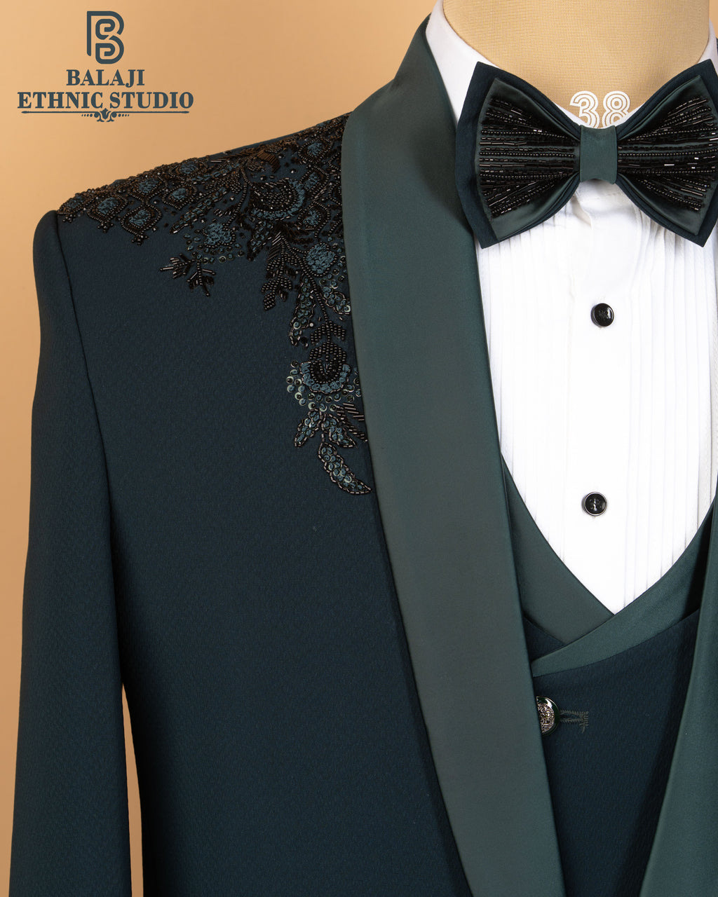 Teal Green Couture 3-Piece Suit with Handcrafted Kardana & Embroidery Work