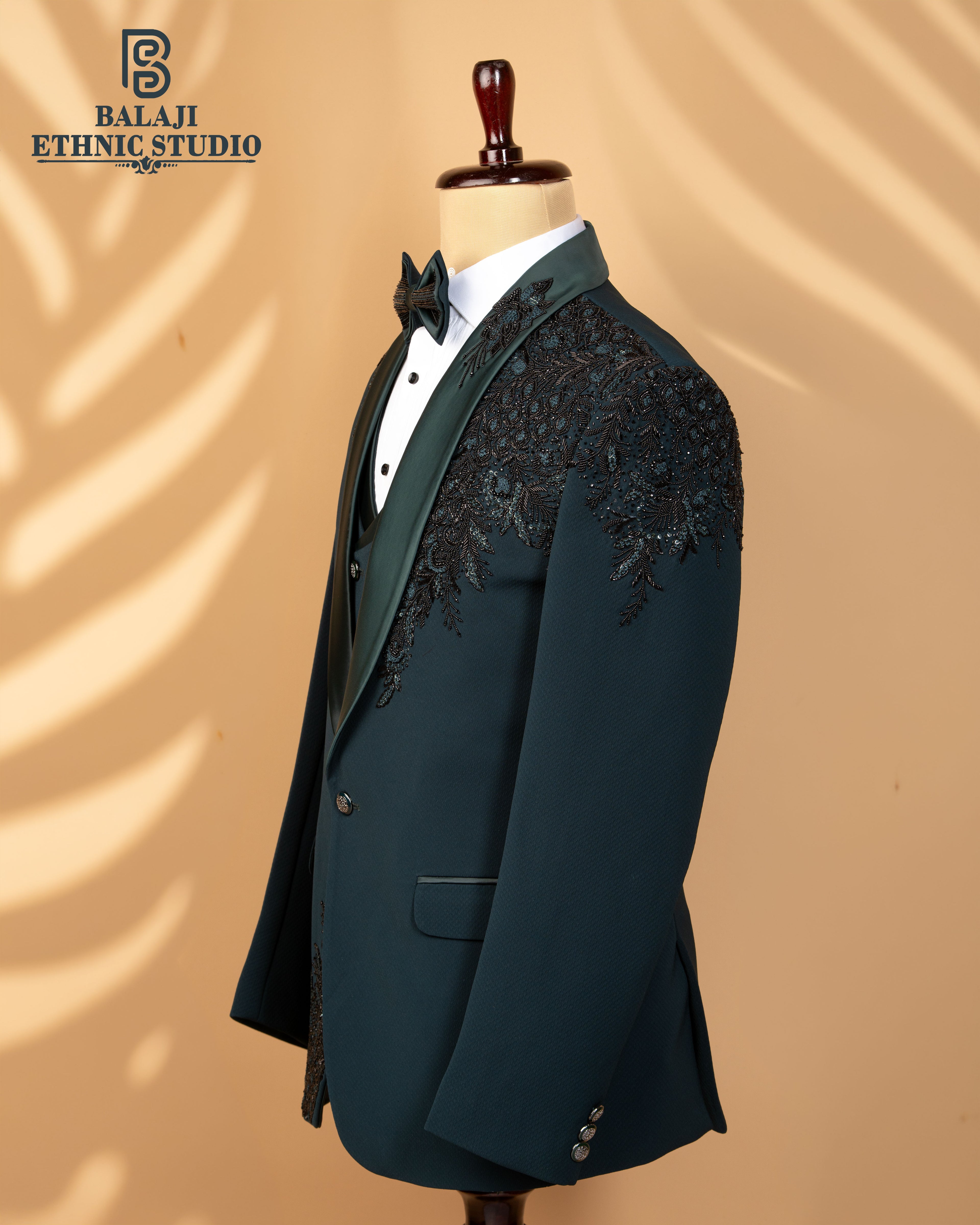 Teal Green Couture 3-Piece Suit with Handcrafted Kardana & Embroidery Work