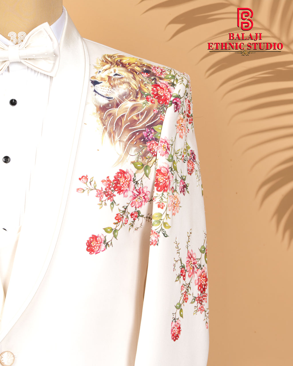 Off-White Couture 3-Piece Suit with Tiger Art Print & Hand Bead Embellishment