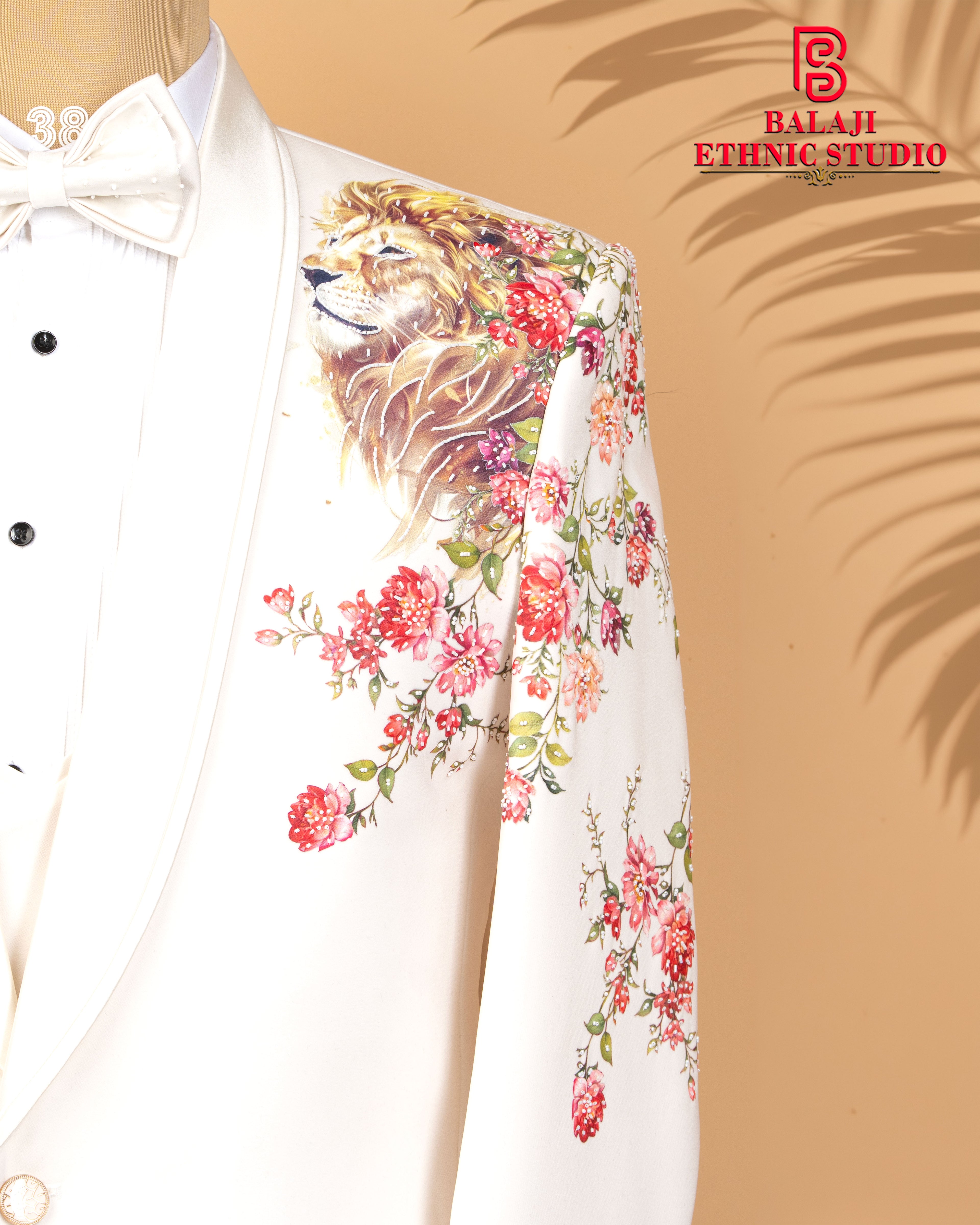 Off-White Couture 3-Piece Suit with Tiger Art Print & Hand Bead Embellishment