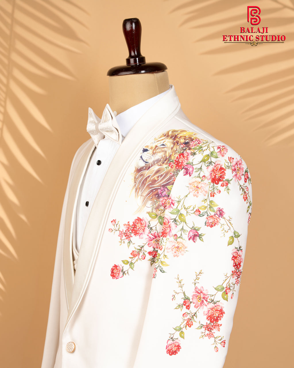 Off-White Couture 3-Piece Suit with Tiger Art Print & Hand Bead Embellishment