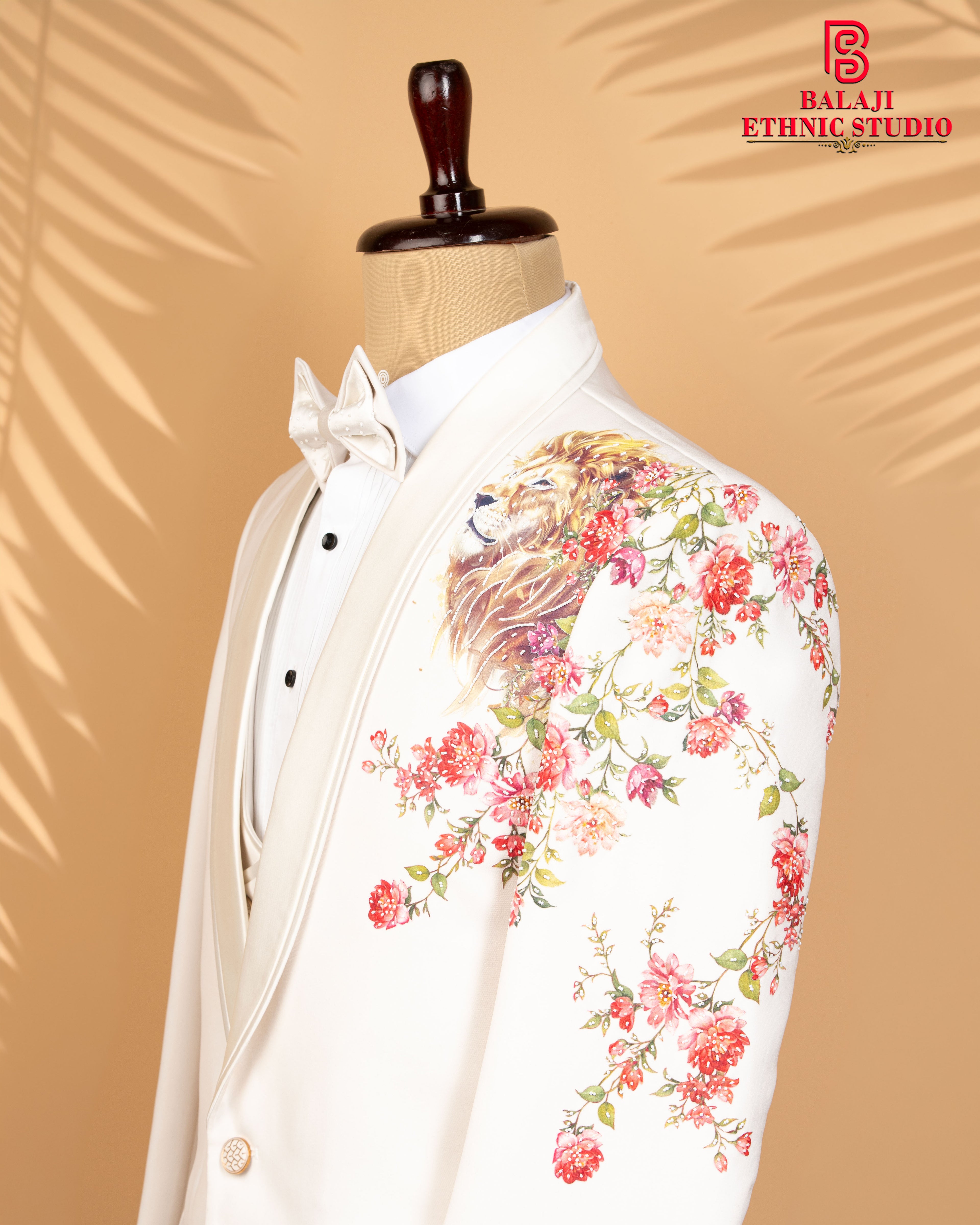 Off-White Couture 3-Piece Suit with Tiger Art Print & Hand Bead Embellishment