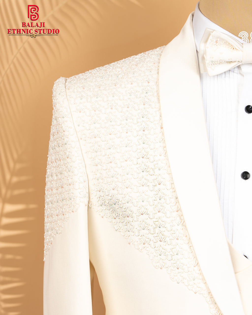 Off-White Armani Fabric Tuxedo with Beads & Kardana Handwork