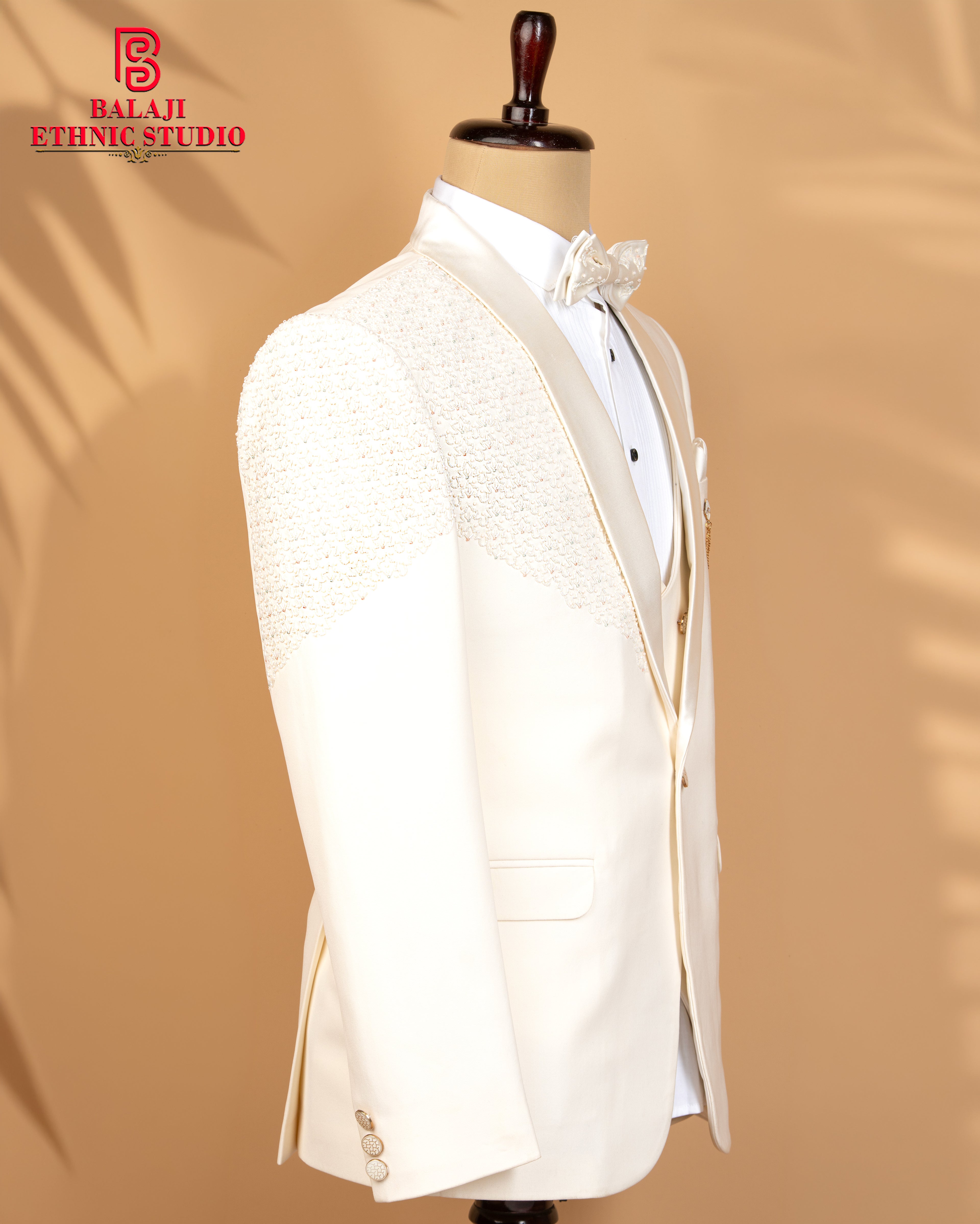 Off-White Armani Fabric Tuxedo with Beads & Kardana Handwork