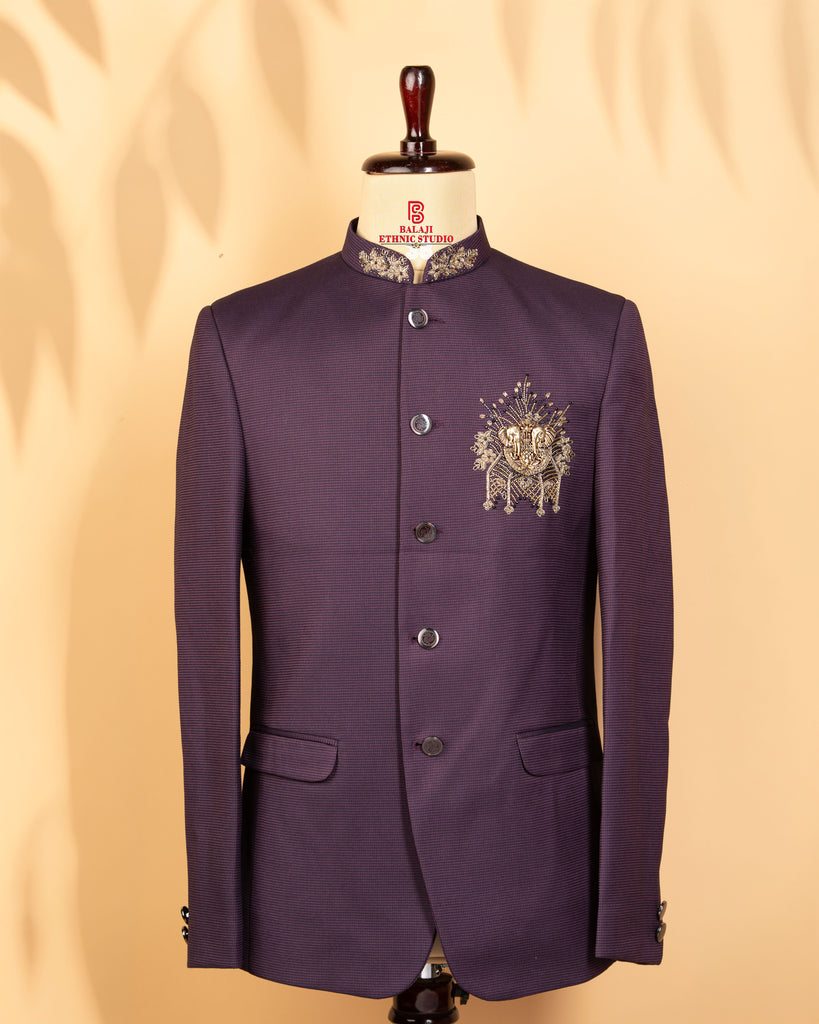 Maroon Italian Fabric Jodhpuri Suit with Zardosi & Beads Elephant Design