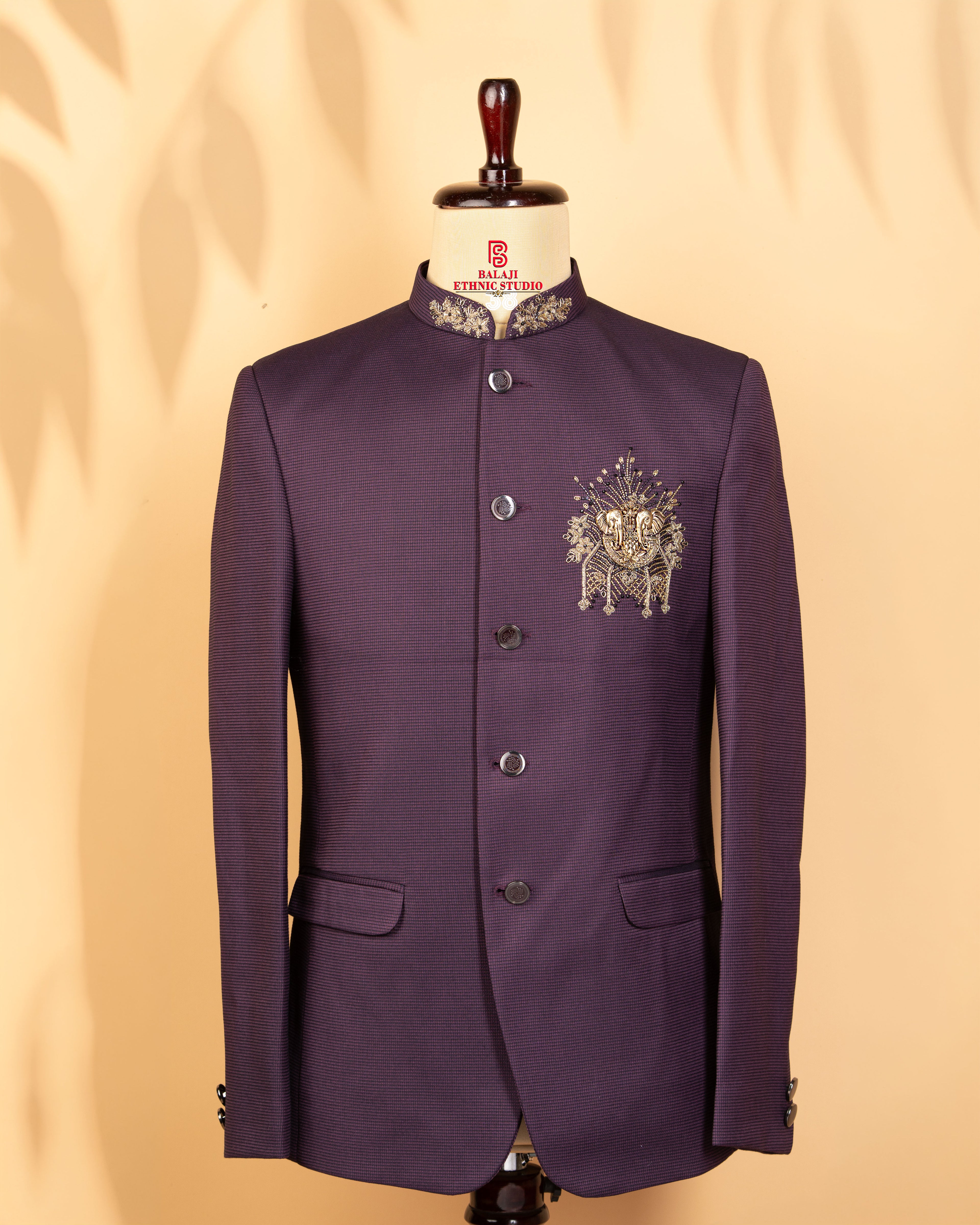 Maroon Italian Fabric Jodhpuri Suit with Zardosi & Beads Elephant Design