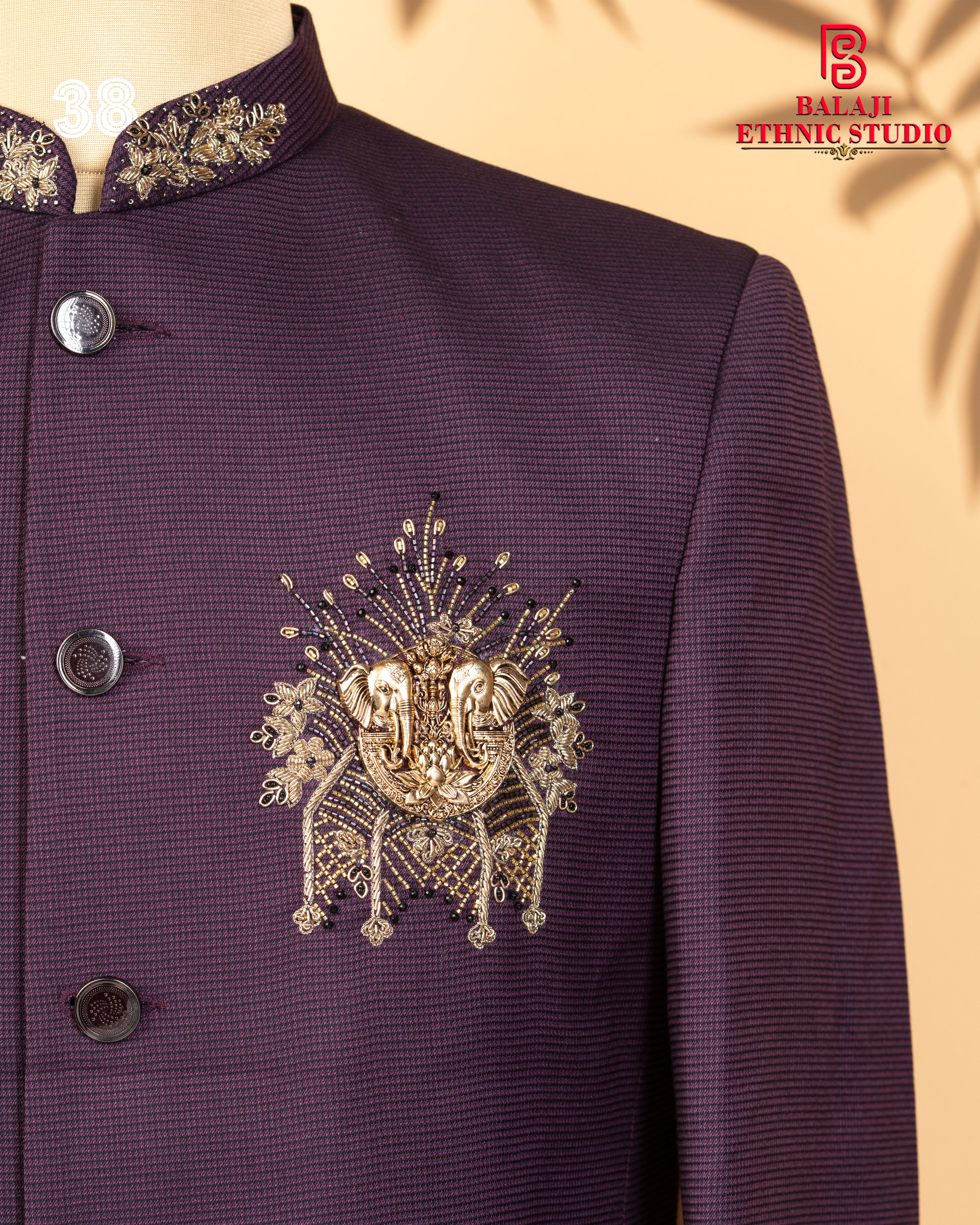 Maroon Italian Fabric Jodhpuri Suit with Zardosi & Beads Elephant Design
