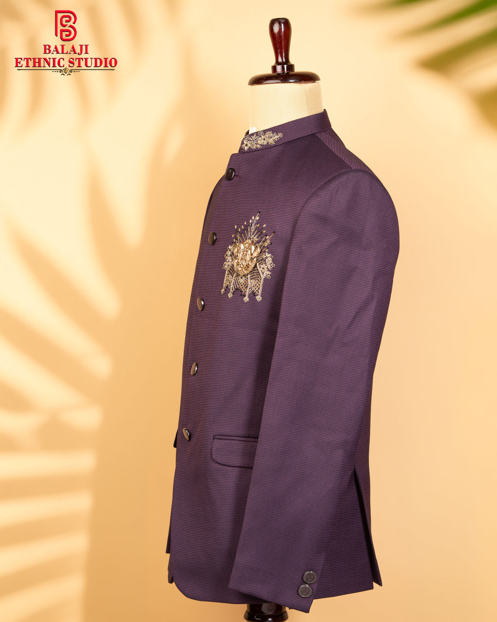 Maroon Italian Fabric Jodhpuri Suit with Zardosi & Beads Elephant Design