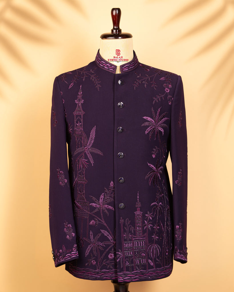 Purple Multi-Tone Embroidered Jodhpuri Suit with Beads Work (Round Neck Bandhgala)