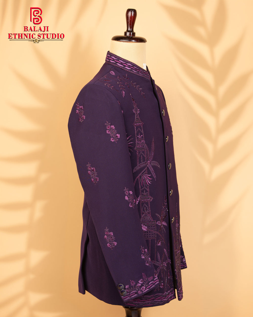Purple Multi-Tone Embroidered Jodhpuri Suit with Beads Work (Round Neck Bandhgala)