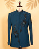 Teal Blue Armani Fabric Jodhpuri with Kardana, Beads & Light Embroidery Work (Round Neck)