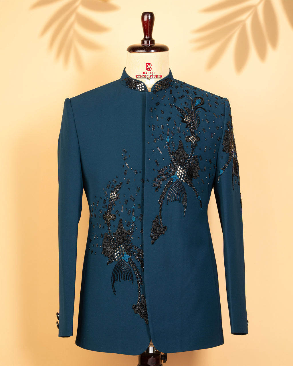 Teal Blue Armani Fabric Jodhpuri with Kardana, Beads & Light Embroidery Work (Round Neck)