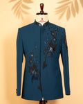 Teal Blue Armani Fabric Jodhpuri with Kardana, Beads & Light Embroidery Work (Round Neck)
