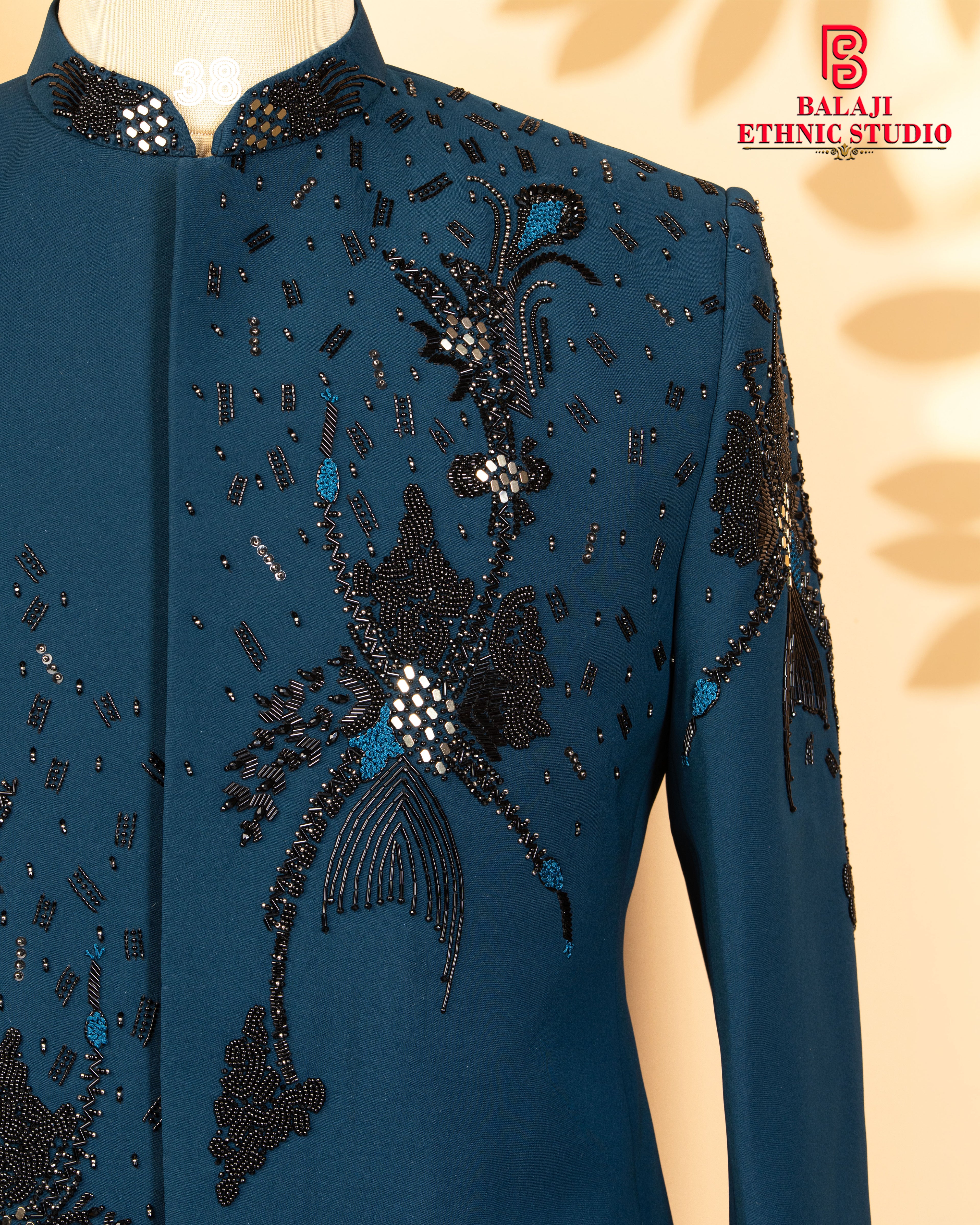Teal Blue Armani Fabric Jodhpuri with Kardana, Beads & Light Embroidery Work (Round Neck)