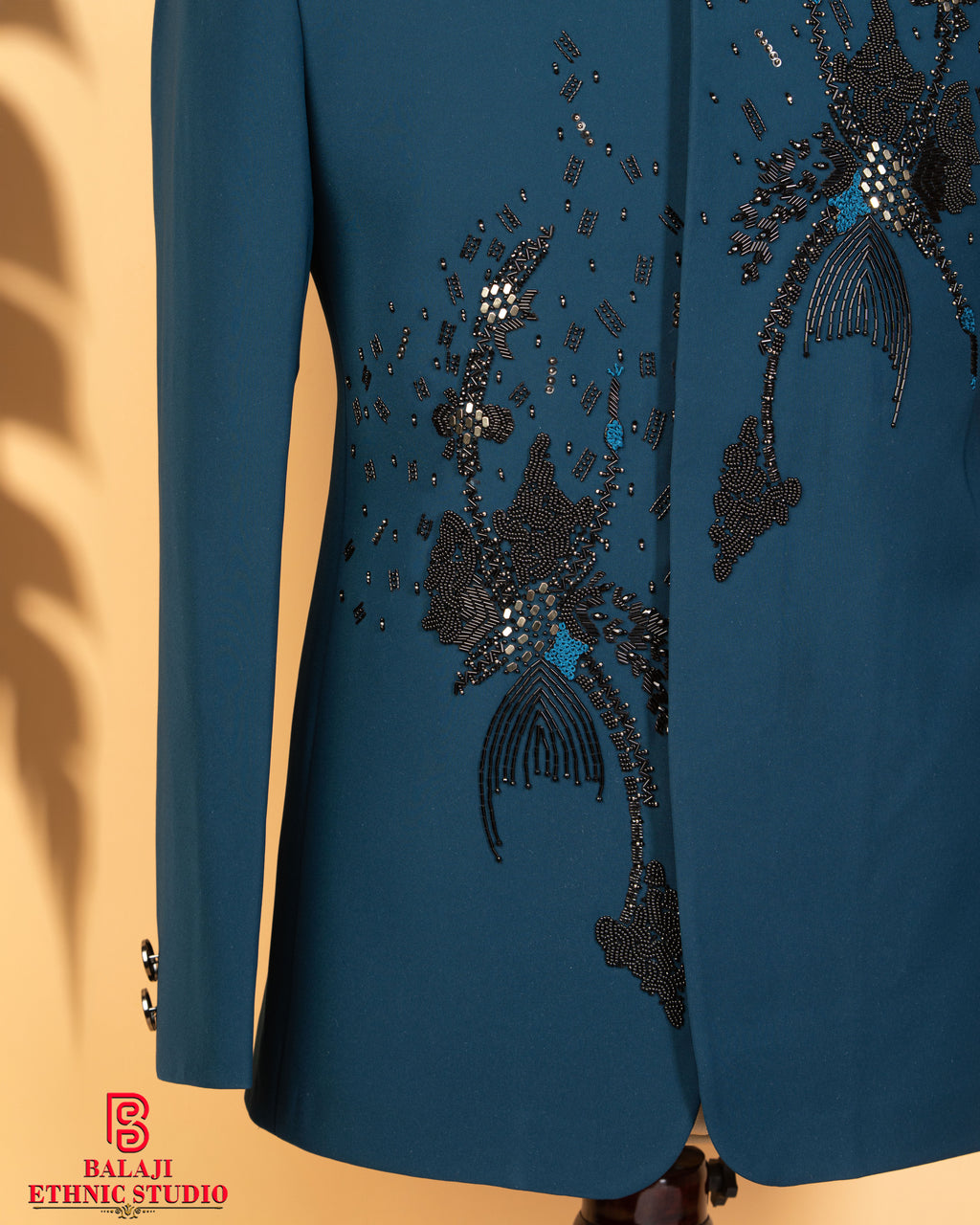 Teal Blue Armani Fabric Jodhpuri with Kardana, Beads & Light Embroidery Work (Round Neck)