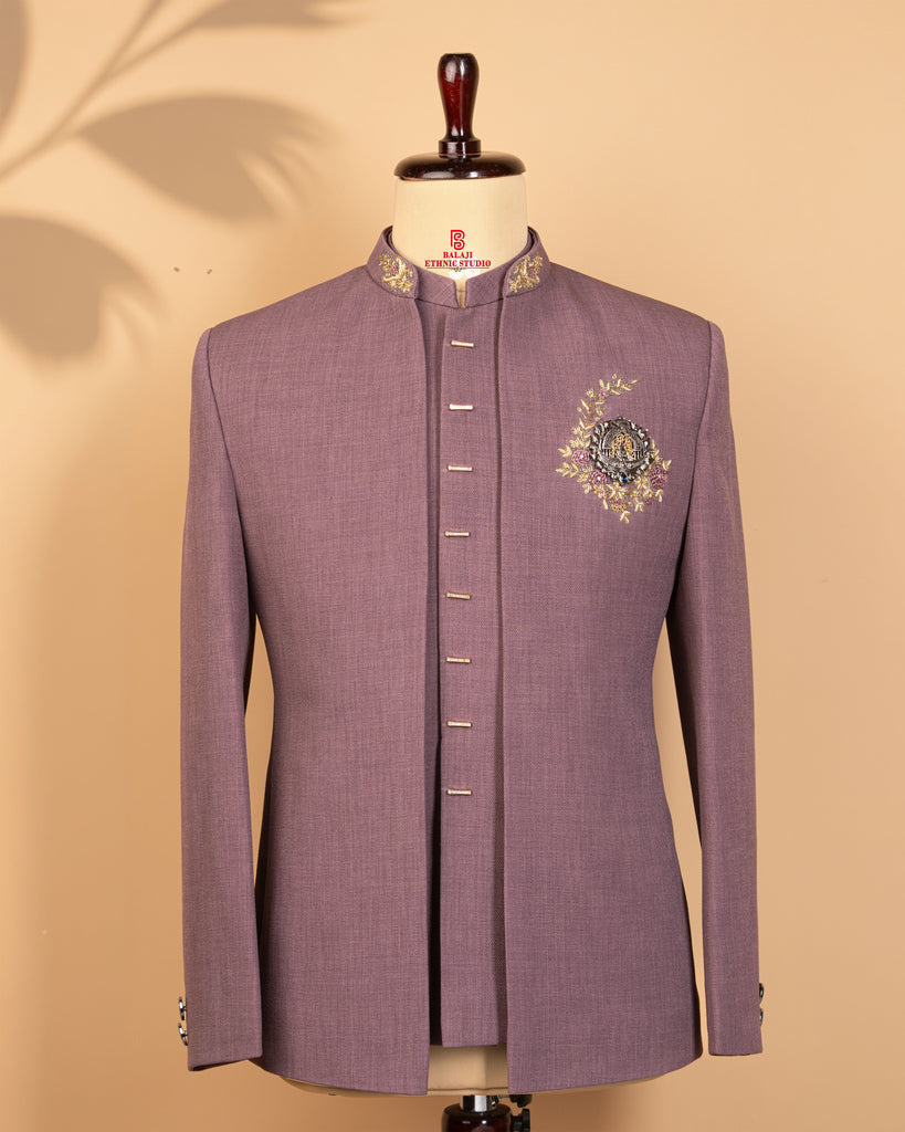 Peach Pink Open Jodhpuri Suit with Zardosi Work & Couple Motif (Diamond Button Style)