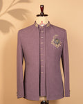 Peach Pink Open Jodhpuri Suit with Zardosi Work & Couple Motif (Diamond Button Style)