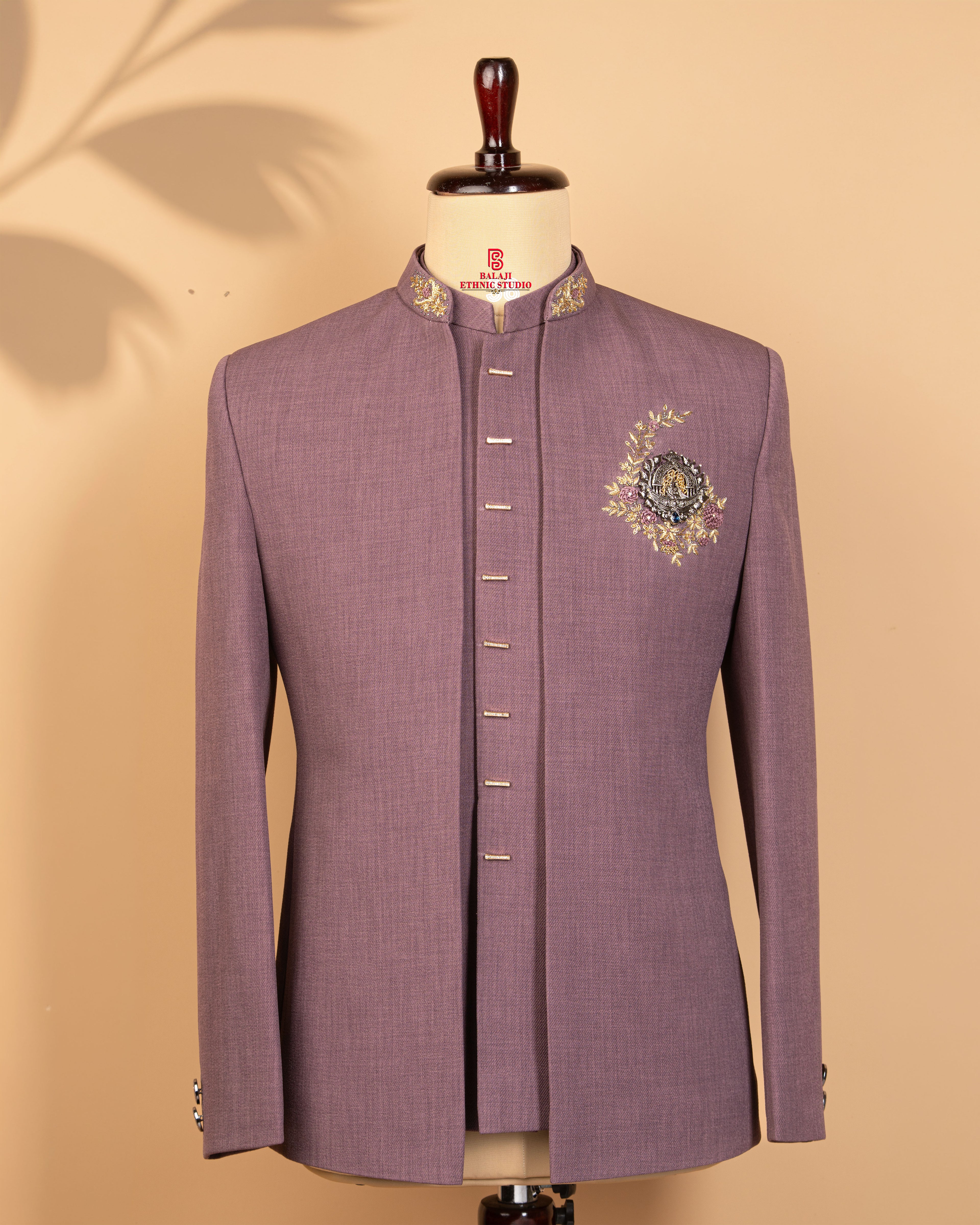 Peach Pink Open Jodhpuri Suit with Zardosi Work & Couple Motif (Diamond Button Style)